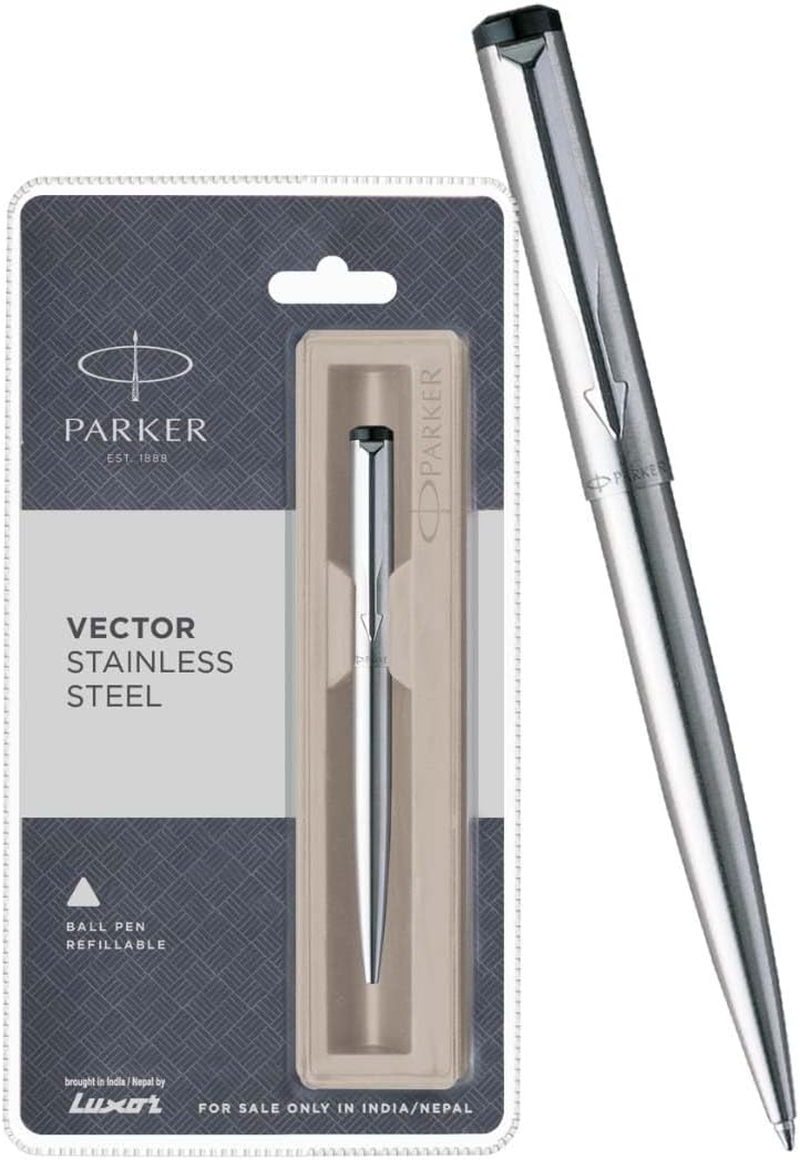 Parker Vector Stainless Steel Chrome Trim Ball Pen, Blue