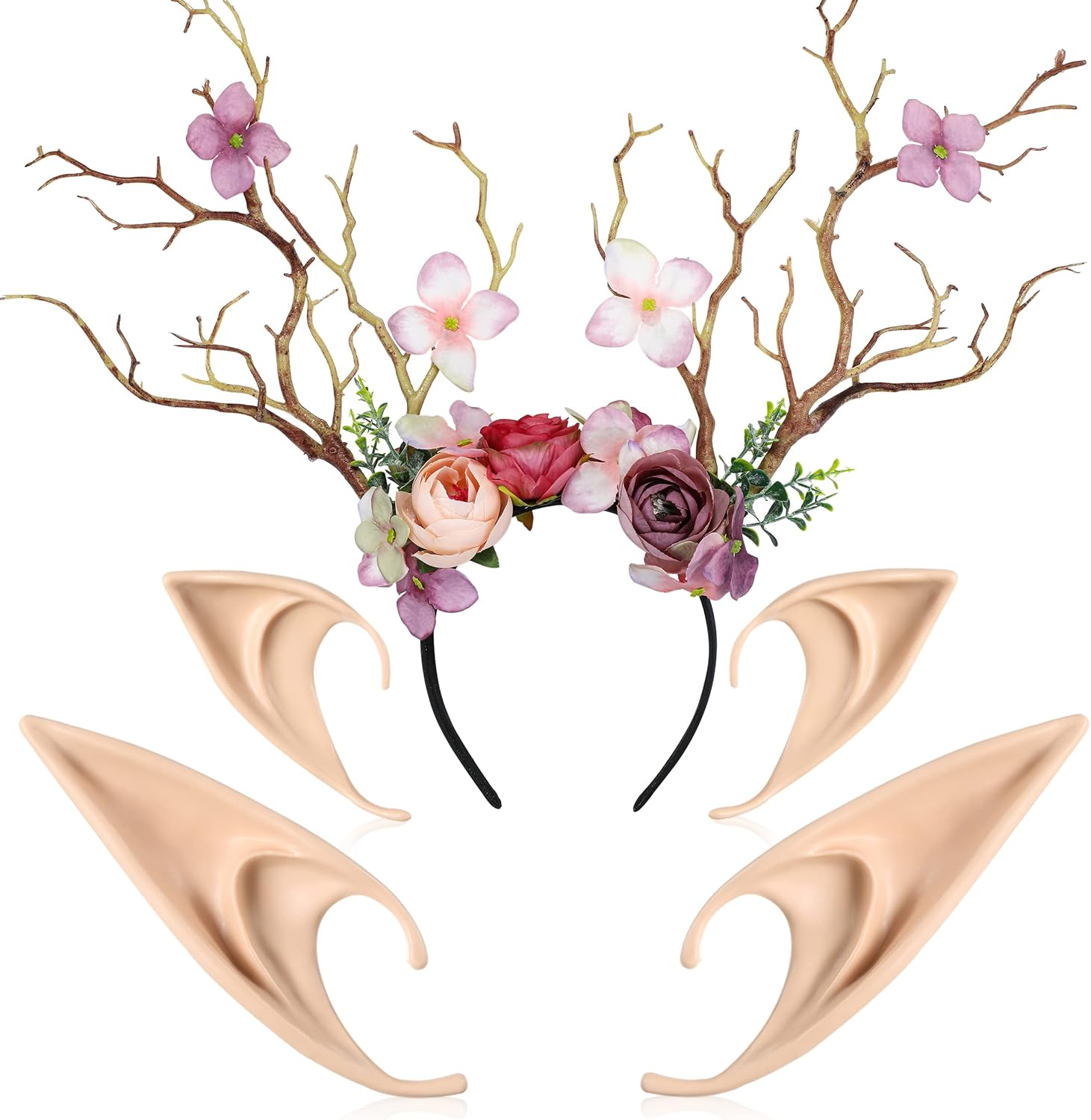 FRESHME Fairy Antlers Flower Crown - Handmade Elf Deer Reindeer Headbands Headpiece for Women Renaissance Cosplay Accessories