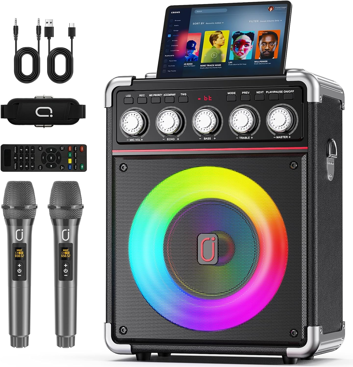 Karaoke Machine with 2 Wireless Mics, Portable Bluetooth Speaker with Disco Lights, Bass/Treble Control & Remote, PA System for Home, Outdoor, Parties & Events, Supports REC, USB, AUX, TF Card image number 5