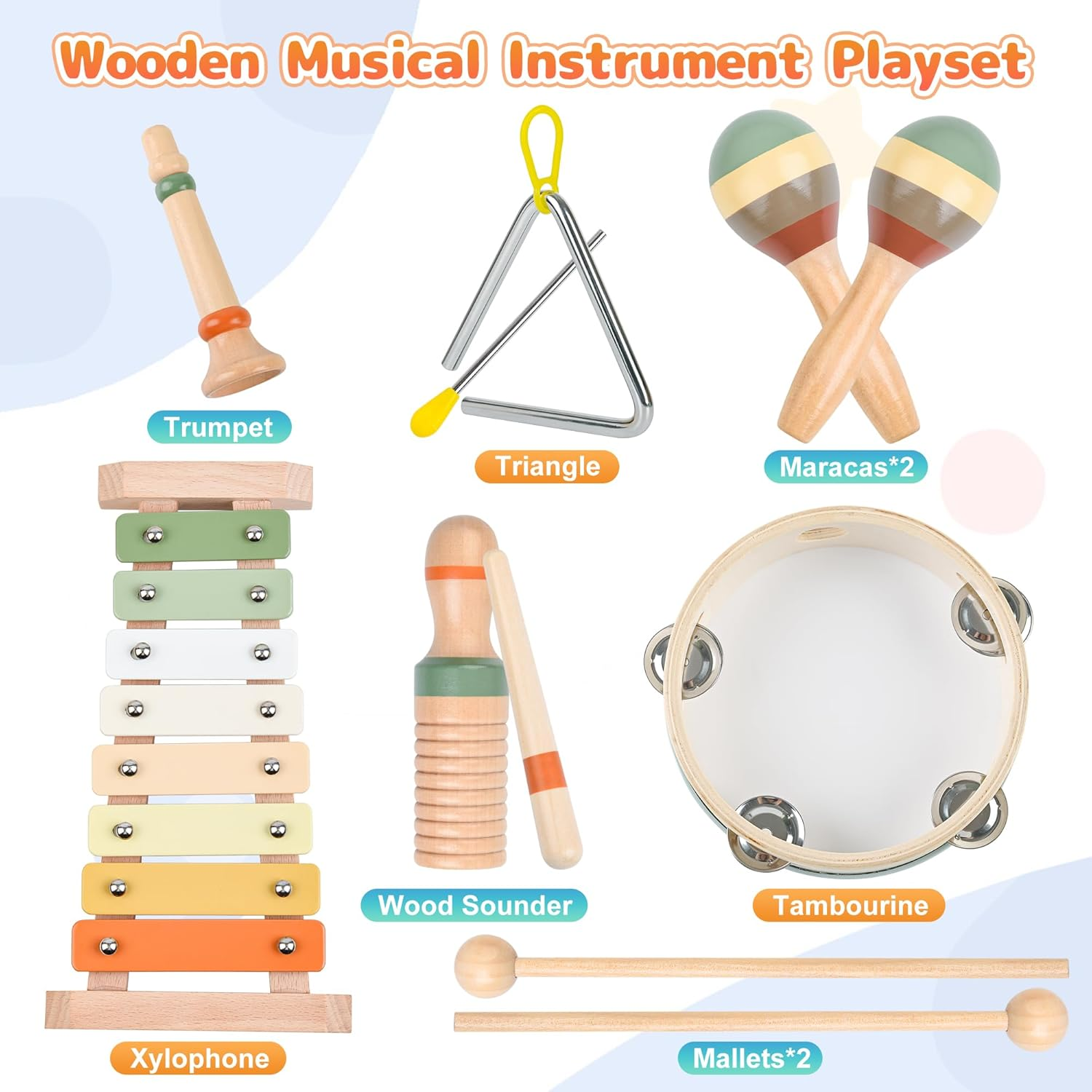 CYZAM Wooden Musical Instruments, Montessori Toys for Baby Toddler 1-3, Neutral Colors Wooden Percussion Instruments Set, Modern Boho Xylophone Tambourine, Kids Preschool Educational Birthday Gifts image number 2