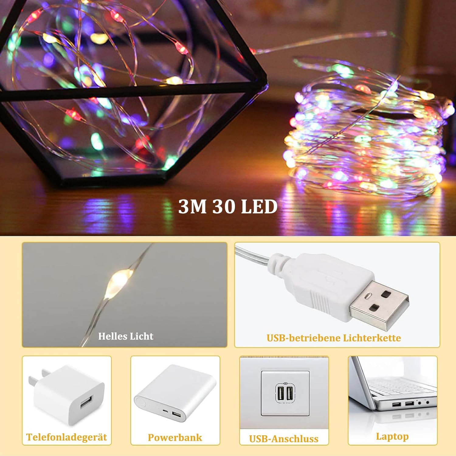 ENLACE LED Copper Wire Fairy Lights, USB Powered, 3 Metres, 30 Multicoloured Leds, Waterproof, Decorative Lighting for Indoor and Outdoor Use image number 2