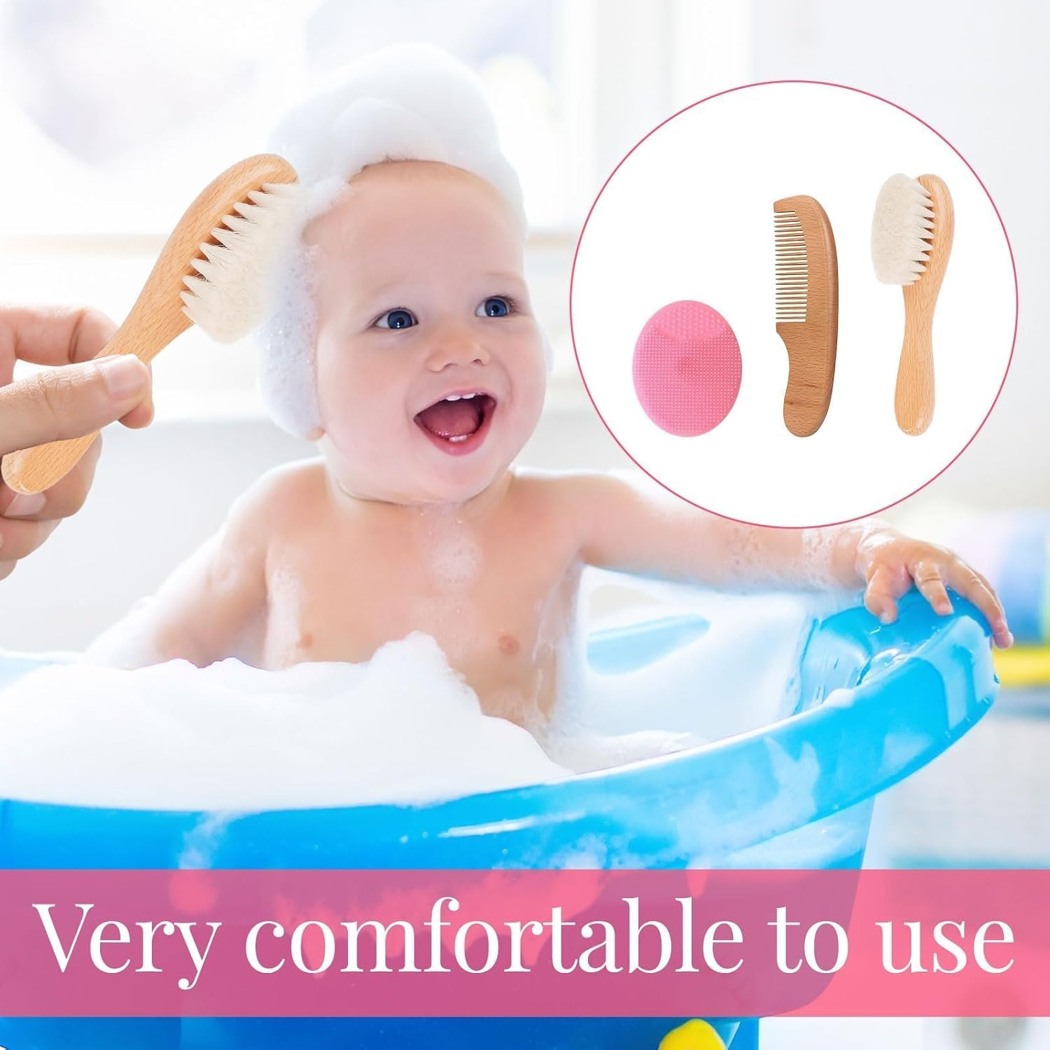 Baby Hair Brush, 3Pcs Baby Brush for Newborns, Cradle Cap Brush, Baby Hair Comb Set, Goat Bristles Comb, Silicone round Teeth Cradle Cap Brushs, for Newborns and Toddlers Hair Massage image number 1