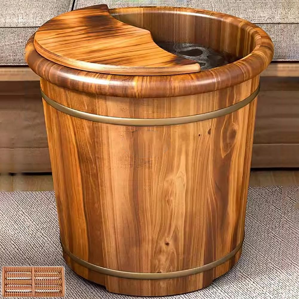 Wooden Foot Soak Bath Tub Lit, Cypress Foot SPA with Foot Massager Roller & Insulation Lid, Solid Wood Foot Tub Bucket Pedicure Barrel Foot Massager, Pedicure Foot Spa Bucket,L image number 4
