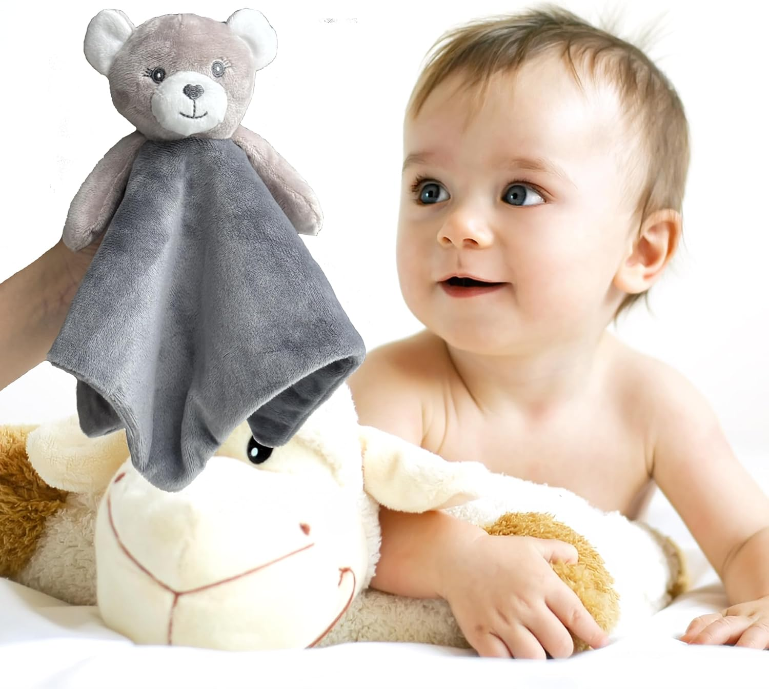 CREVENT Cozy Plush Baby Security Blanket Loveys for Baby Girls Boys, Stuffed Animal Ring Rattle Shaker Toy for Newborns (Bear + Handbell) image number 4