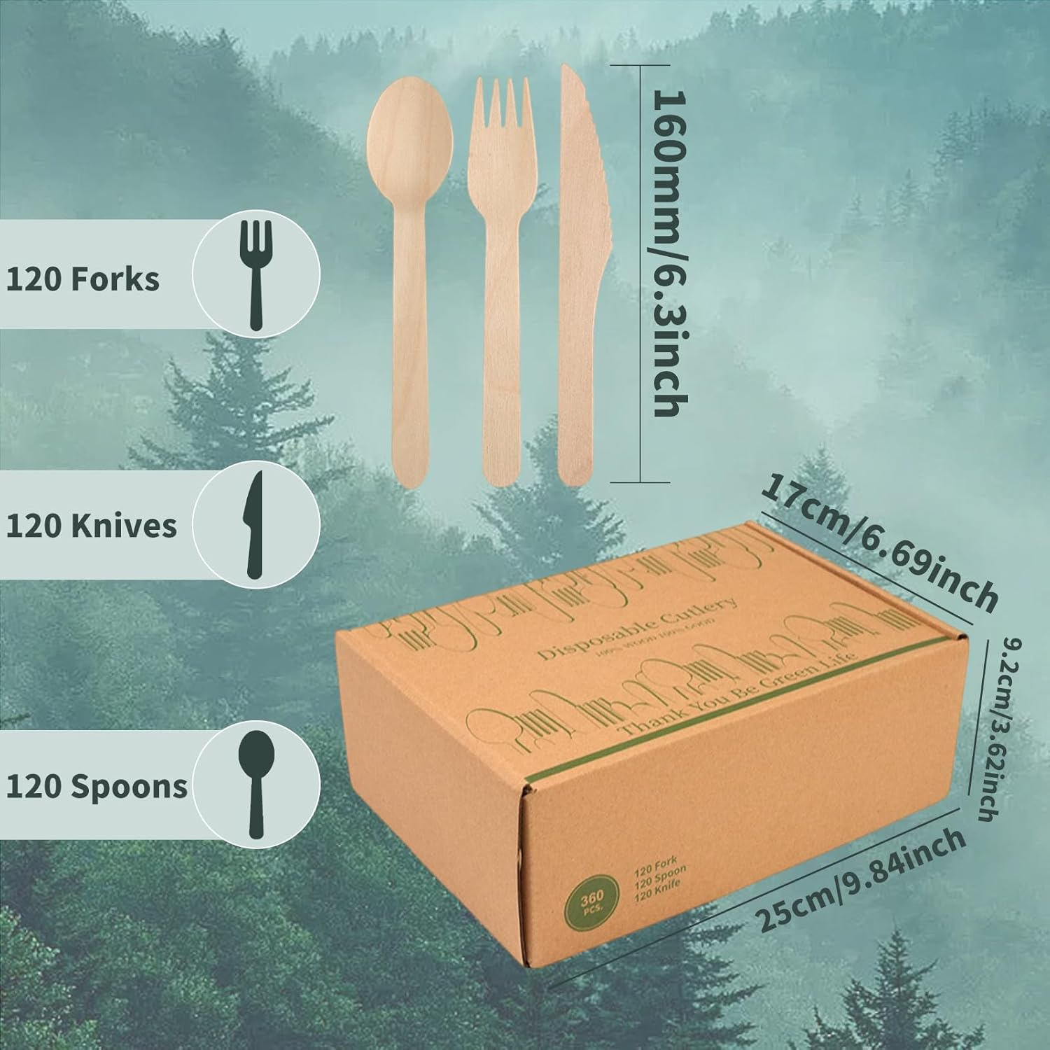 TNGAMFGT 360 Pieces Wooden Disposable Cutlery(120 Forks, 120 Spoons, 120 Knives) image number 5