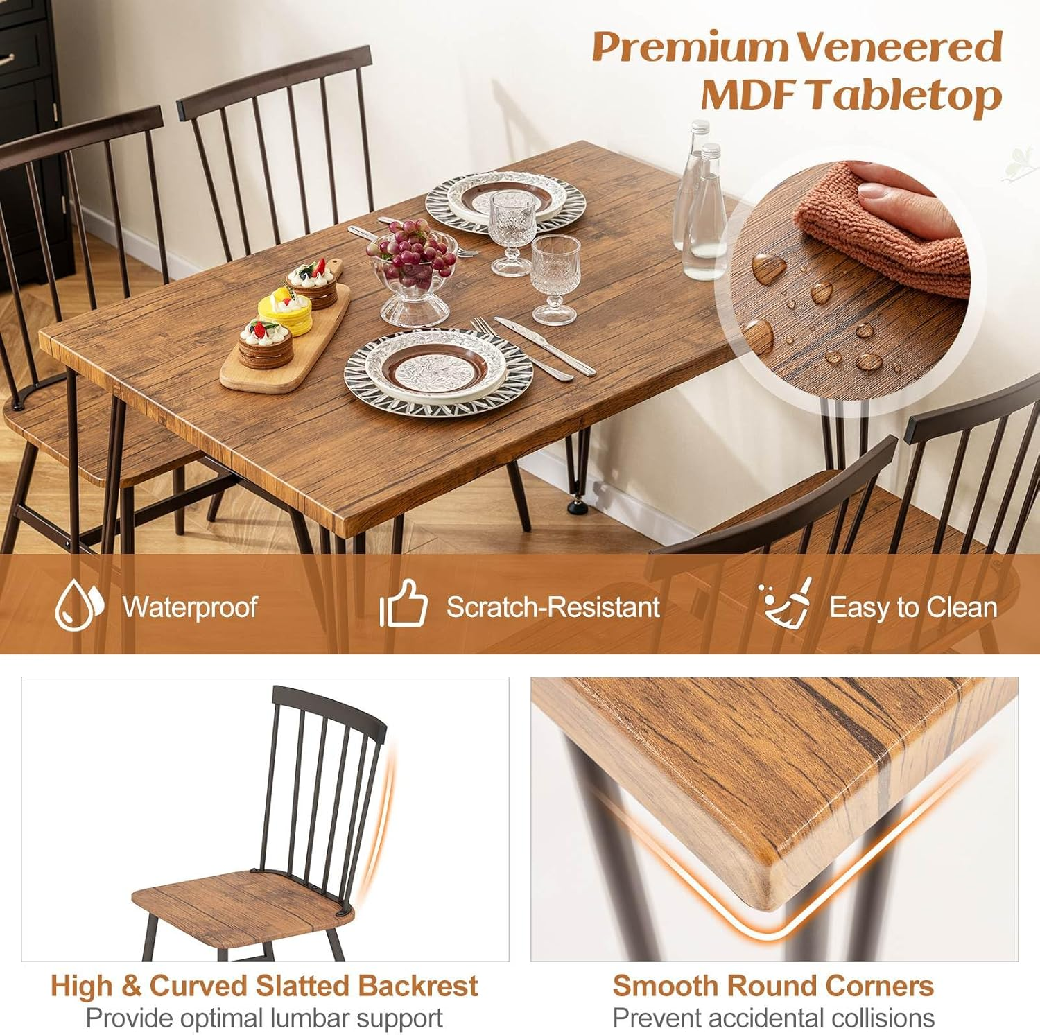 Giantex 5Pcs Dining Table Set for 4, Modern Kitchen Dining Room Furniture Set W/Kitchen Table, 4 Chairs, 360&deg; Swivel Feet, Metal Frame, Dinette Set for Small Place Home Office Breakfast Nook (Walnut)