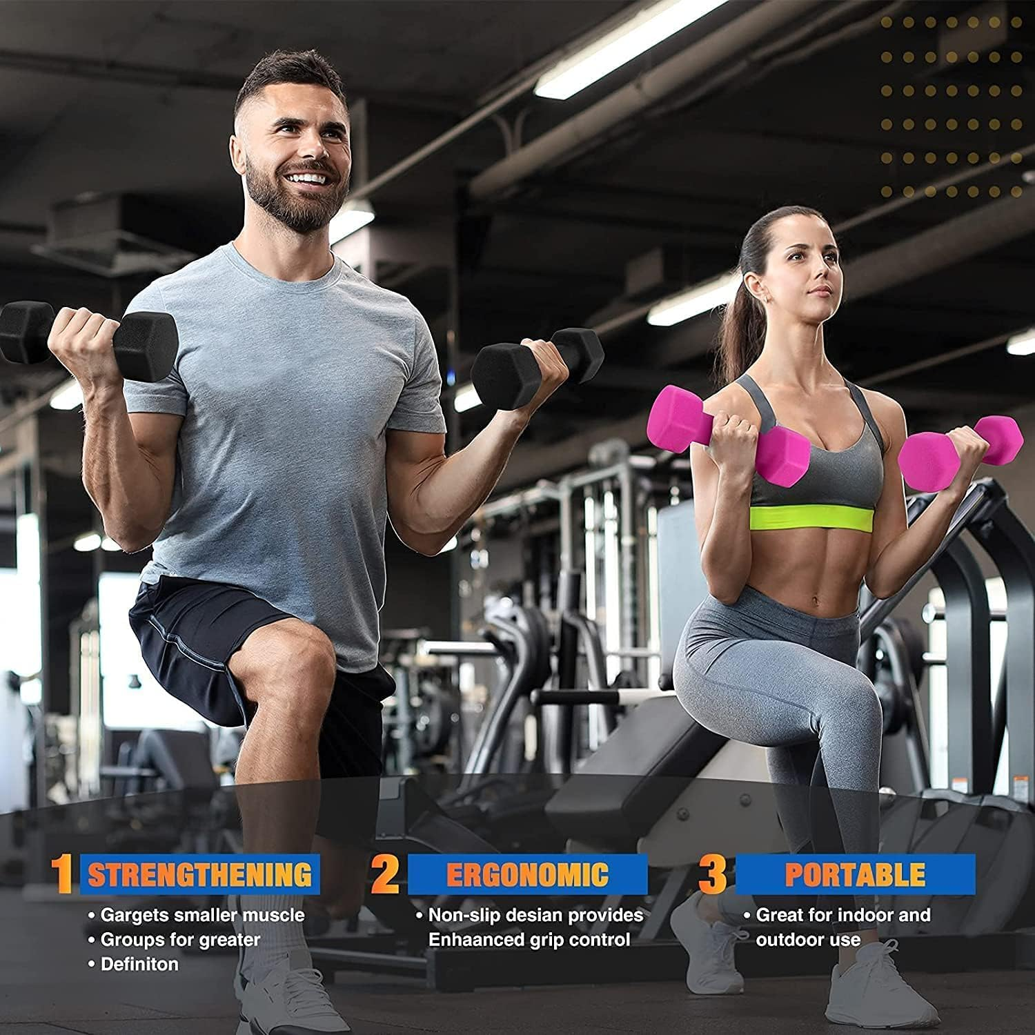 Neoprene Dumbbells Anti-Slip Dumbbell Set Soft-Touch Grip Hand Weights Hex Dumbbells Weights Home Gym Fitness Workout Training - Sold in Pairs - 2Kg Pair image number 6