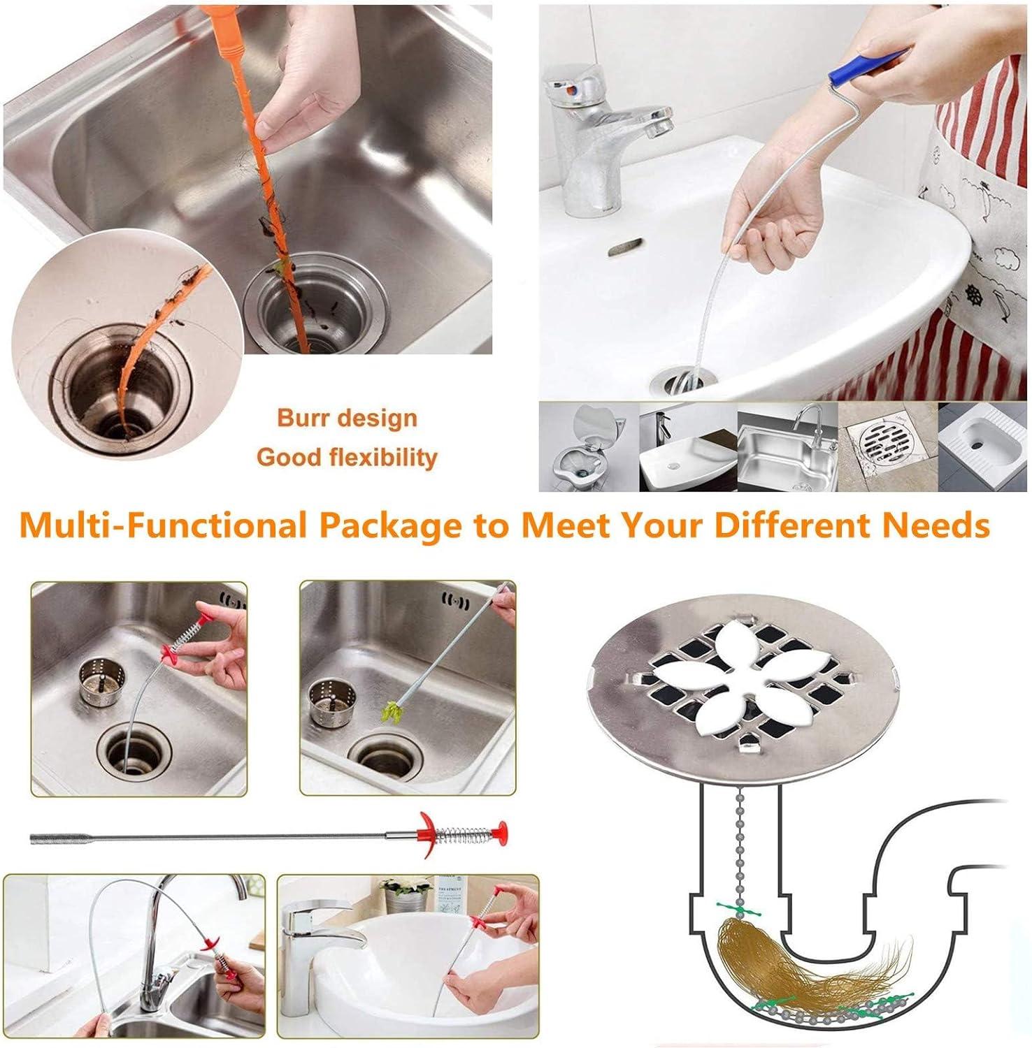 Forlivese Drain Snake,6 Pack Shower Drain Unblocker,Multifunctional Sink Unblocker Tool 6 in 1,Reusable Drain Unblocker Hair for Sewer, Bathroom Drainage,Kitchen Sinks image number 6