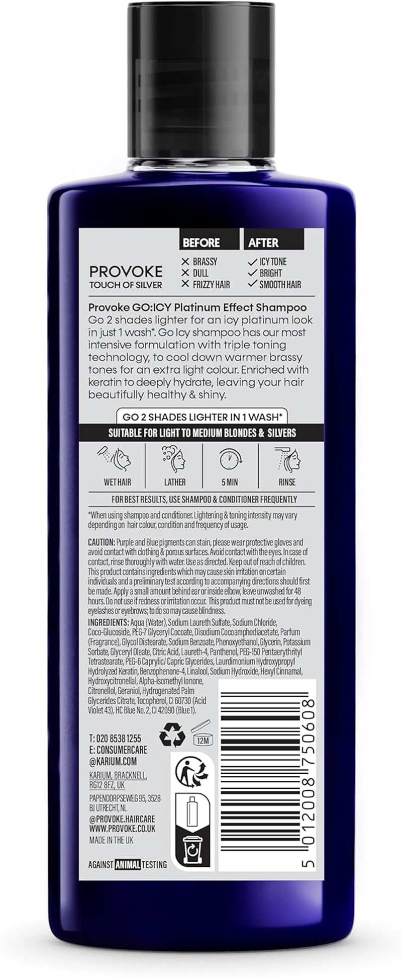 Provoke Touch of Silver Go Icy Shampoo 200Ml, Icy Platinum Look in Just 1 Wash, Triple Toning Technology to Cool down Warmer Brassy Tones, Enriched Keratin to Deeply Hydrate image number 1
