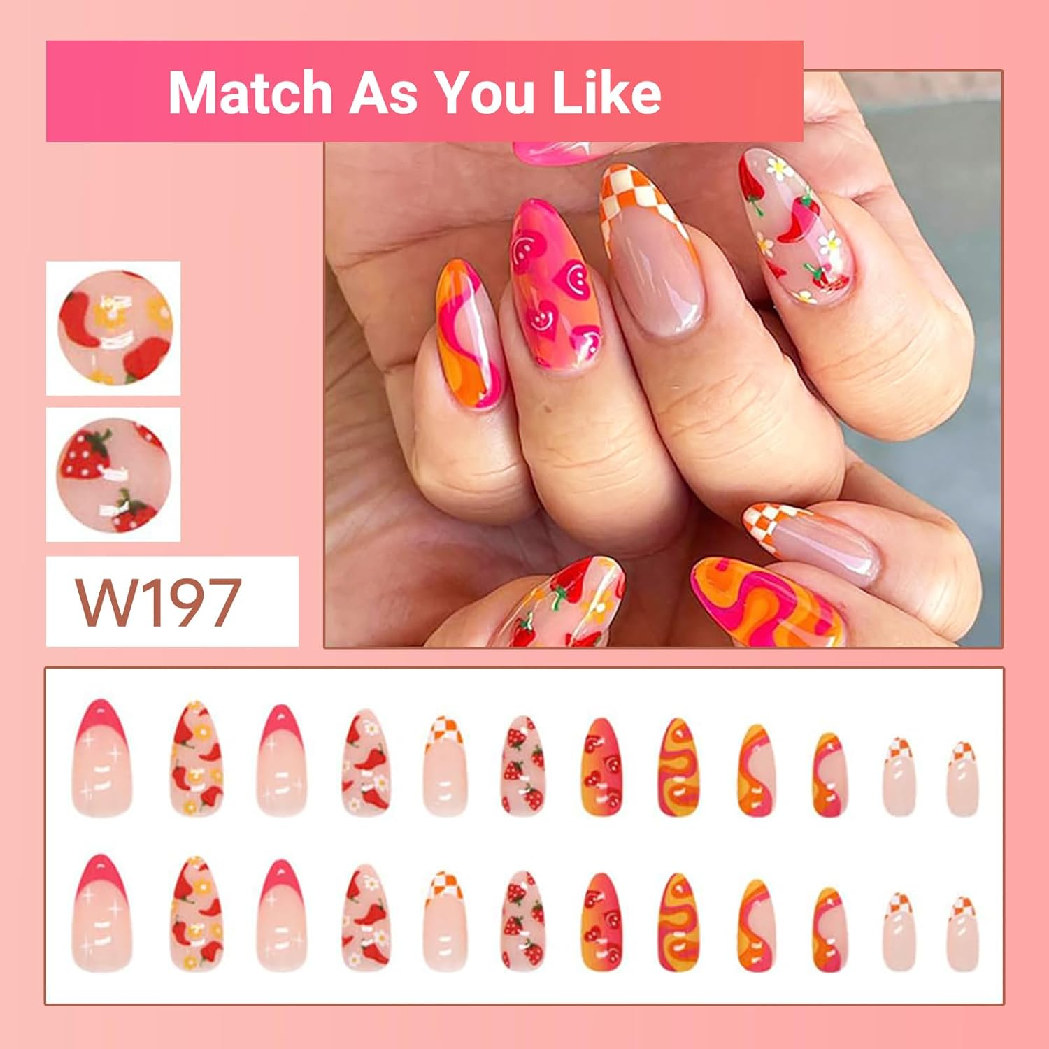 24-Set Press on Nails Almond Medium French Tip Acrylic Fake Nails with Fruit Colorful Swirl Patterns Designs Full Cover Reusable Almond False Nails Set, Nails Stick for Women image number 5