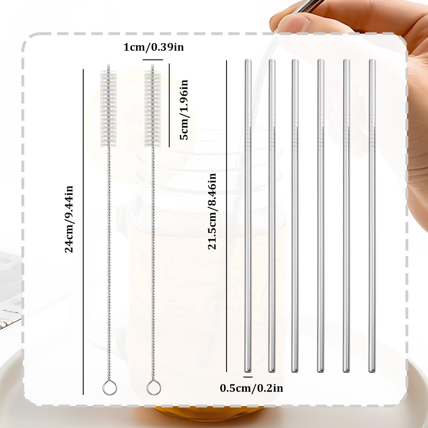 WALWAL Stainless Steel Straws, Reusable Metal Straws with Cleaning Brush(6 Pcs Metal Straw + 2 Pcs Cleaning Brush) image number 4