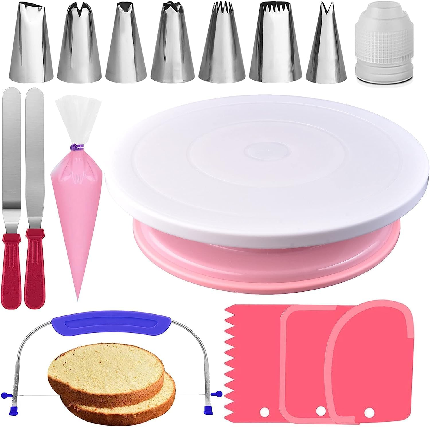 RFAQK 35Pcs Cake Turntable and Leveler-Rotating Cake Stand with Non Slip Pad-7 Icing Tips and 20 Bags- Straight & Offset Spatula-3 Sc Set -Ebook -Baking Tools