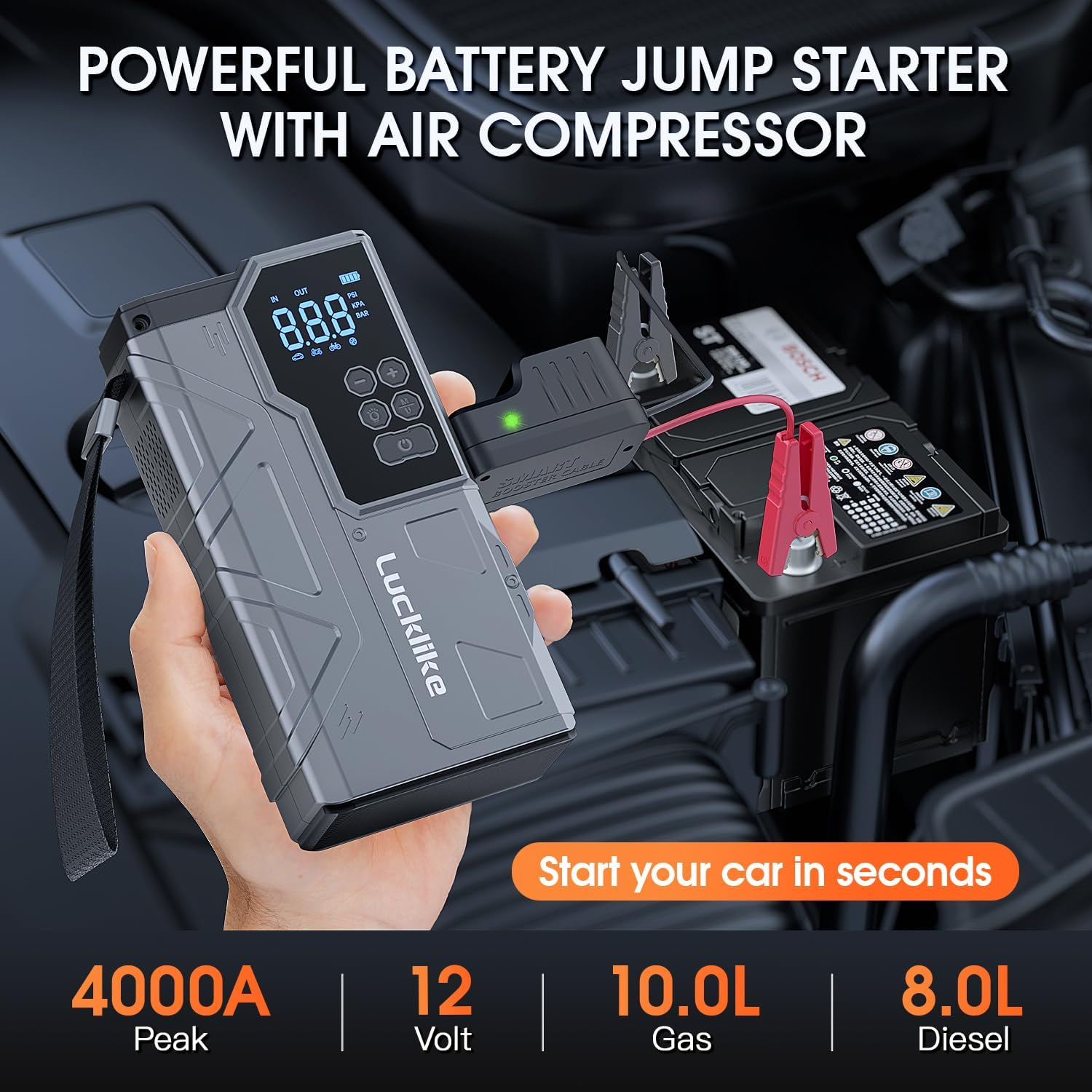 Lucklike Jump Starter with Air Compressor, 4000A 150PSI Portable Car Battery Jumper Starter Pack for 10L Gas and 8L Diesel, Tire Inflator with Presssure Detection, 12V Jump Box with Flashlight (Gray) image number 1