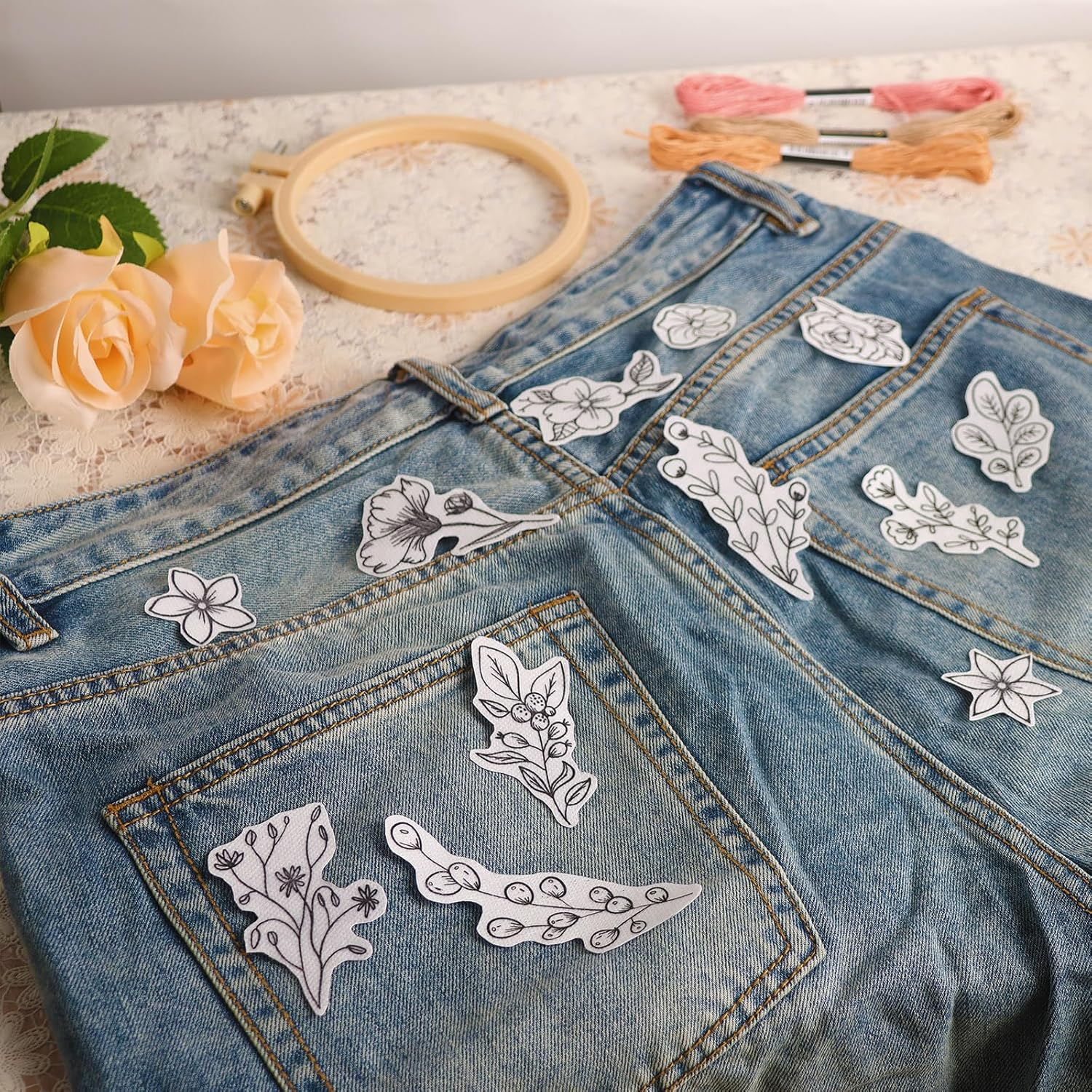 Patemby 50Pcs Water Soluble Embroidery Stabilizers, Stick and Stitch Embroidery Paper with Pre-Printed Flowers and Leaves Pattern Transfers for Hand Sewing Lover Beginners (Flower) image number 6