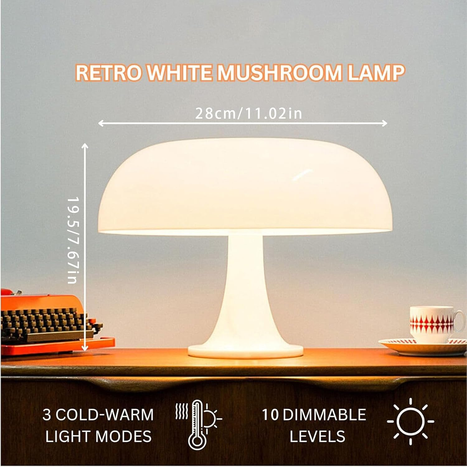 White Mushroom Lamp, Vintage Table Lamp with 3 Colors and 10 Brightness Levels, USB Powered Retro Bedside Lamp for Bedroom, Night Light, Hall, Home Decoration (White) image number 3