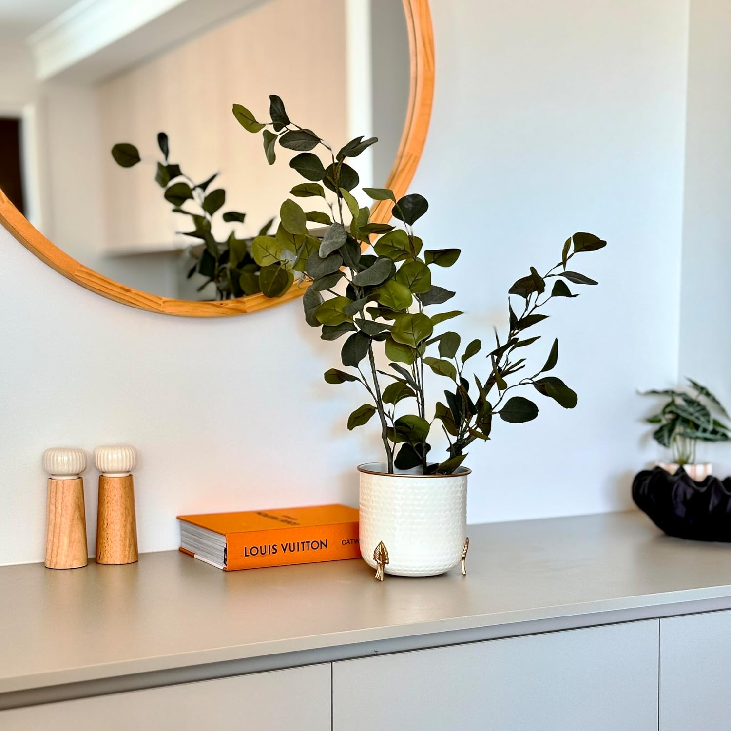 Hammered Gold Rim Leaf Leg Planter by Indian Impressions | White Elegant Metal Planter with Stylish Leaf-Inspired Legs | Modern Indoor Plant Stand for Home, Office & Balcony | Decorative Accent Piece image number 3