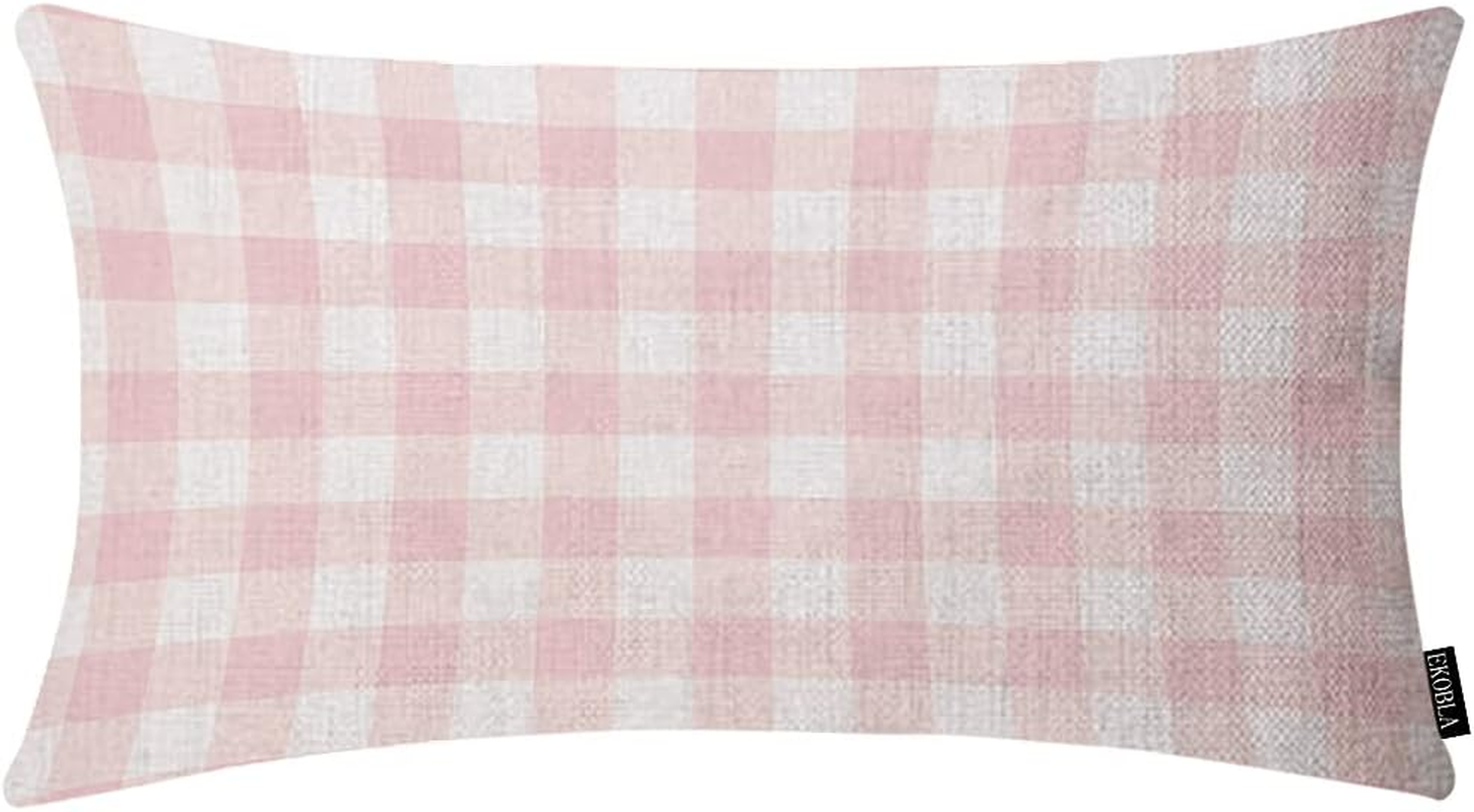 EKOBLA Buffalo Checked Pattern Decorative Lumbar Cushion Case Vintage Plaid Gingham Tartan Pastel Waist Rectangle Throw Pillow Case Cotton Linen for Men Women Sofa Home Decoration 12X20 Inches