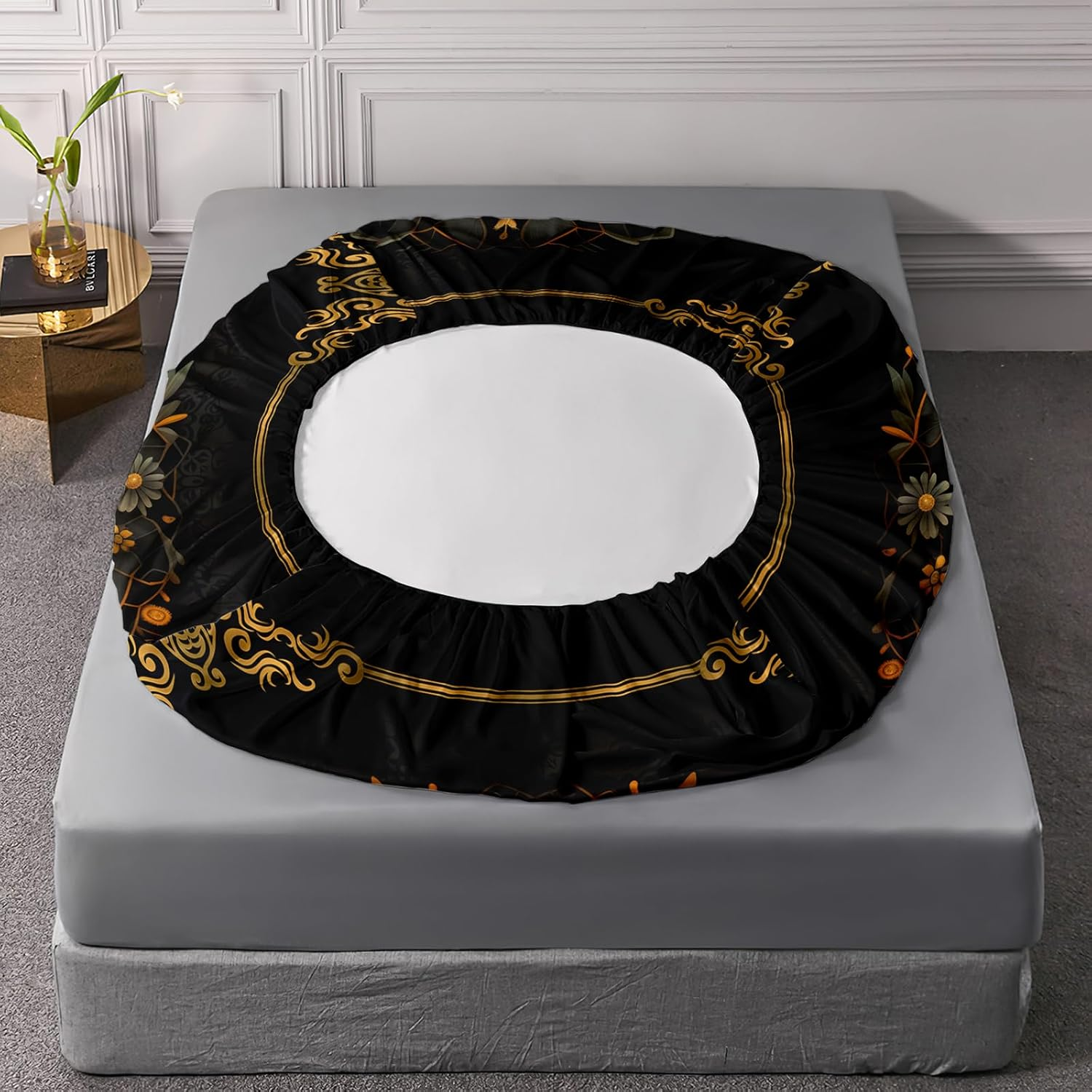 AILONEN Bohemian Bee Fitted Sheet Set Full Size,Black and Gold Luxury Bedding Set for Kids Teens Girls,3-Piece Boho Sunflower Floral Bed Sheet with 2 Pillowcases image number 6