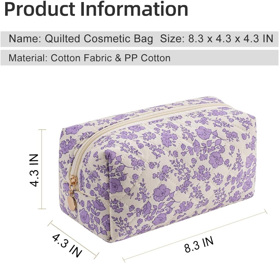 Gleyemor Small Quilted Makeup Bag for Women, Cute Floral Bow Cosmetic Bag, Emergency Bag Travel Toiletry Cotton Pouch Gifts for Girls Her Mom Friend Sister Bridesmaid, Purple Floral - 04 Small Blue Bowknot image number 6