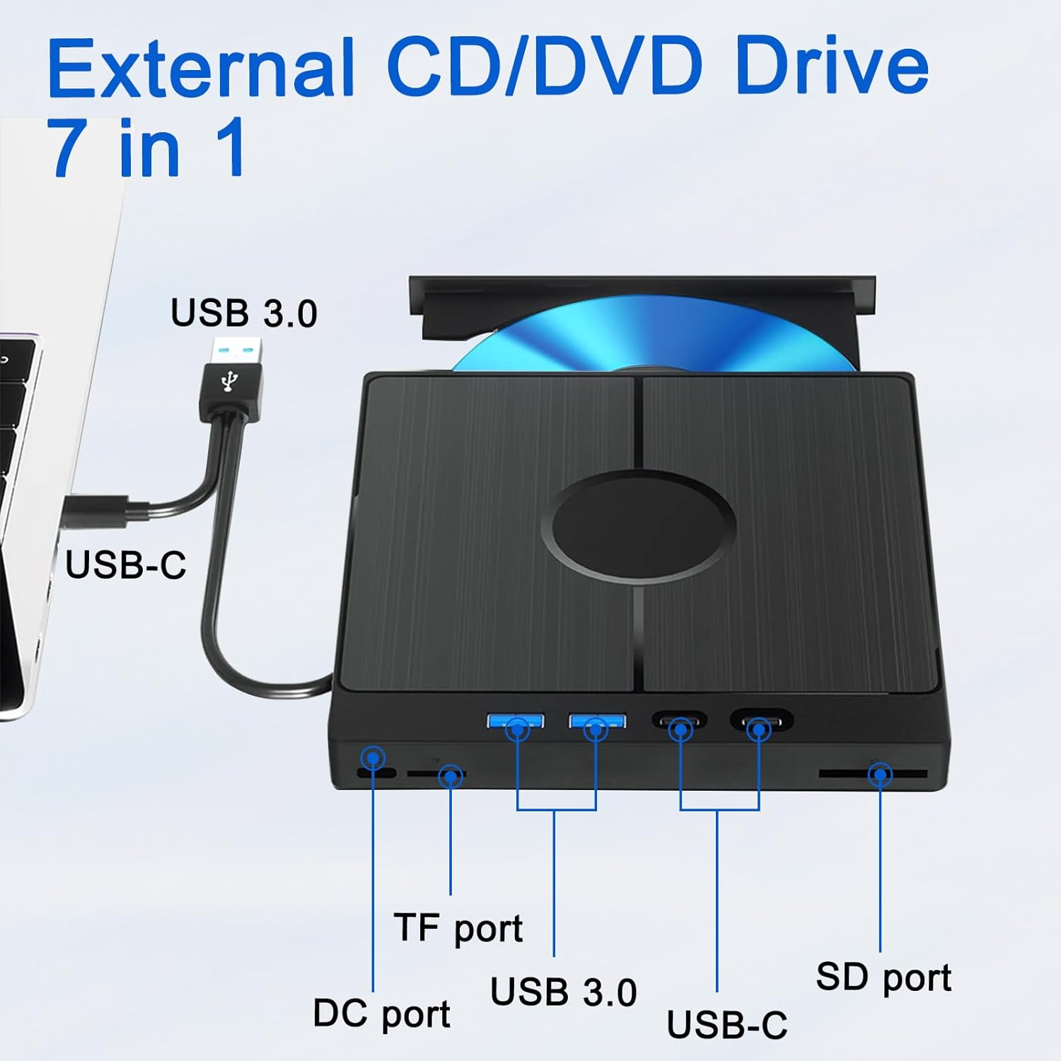CD Burner External DVD Drive External CD Drive for Laptop PC Desktop CD DVD Player Reader Writer 7-In-1 USB 3.0 USB C TF/SD Card Ports Compatible with Win11/10/8.1/7/Vista/2003/Xp/Mac Os/Linux, Black
