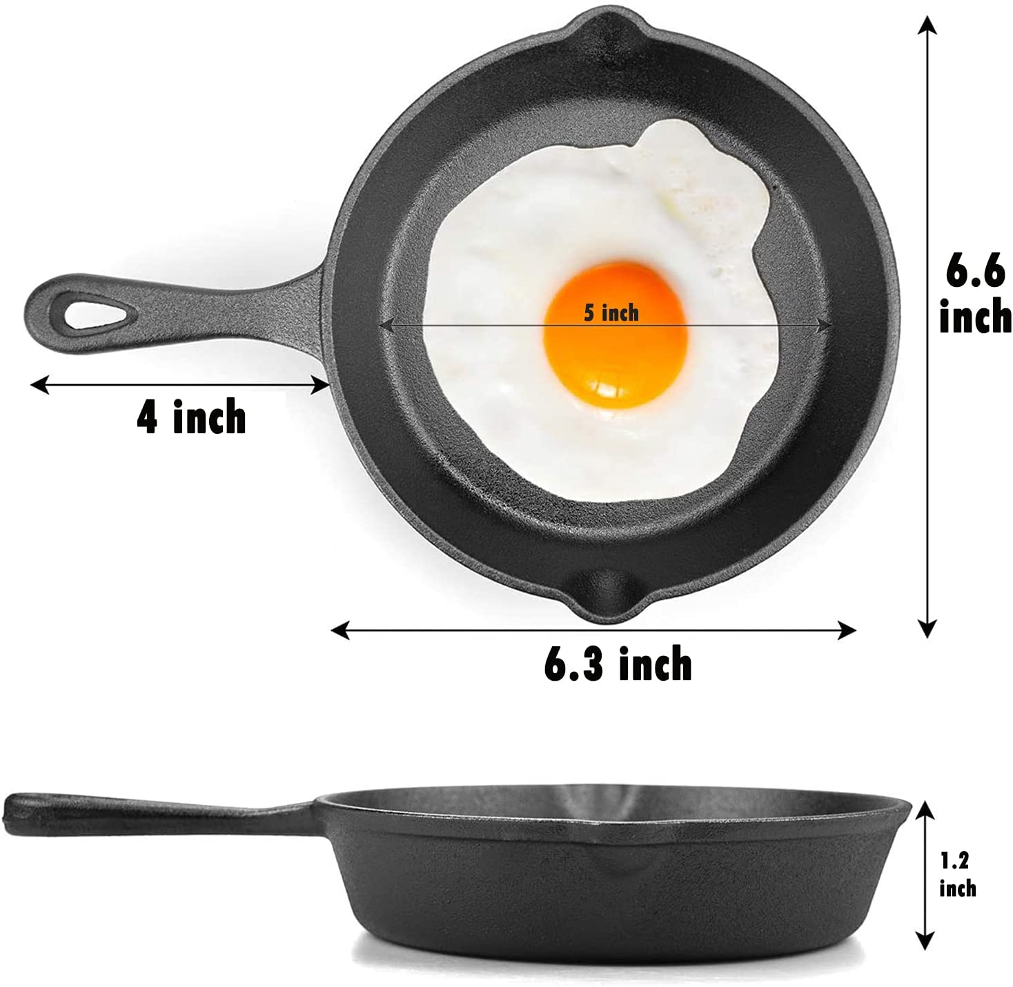 6 Inch Cast Iron Skillet, Frying Pan with Drip-Spouts, Pre-Seasoned Oven Safe Cookware, Camping Indoor and Outdoor Cooking, Grill Safe, Restaurant Chef Quality image number 5