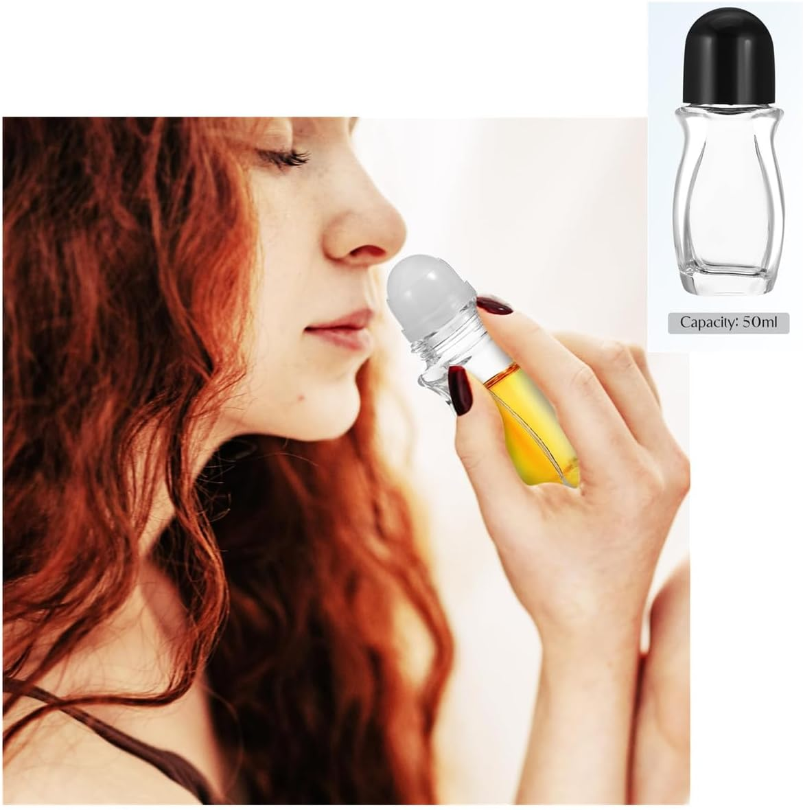 3 PCS Glass Empty Roller Bottles with Plastic Ball, Deodorant Roll on Containers Leak Proof Massage Ball Cap for Essential Oils Perfume Cosmetics (Black Cover，50Ml) image number 3