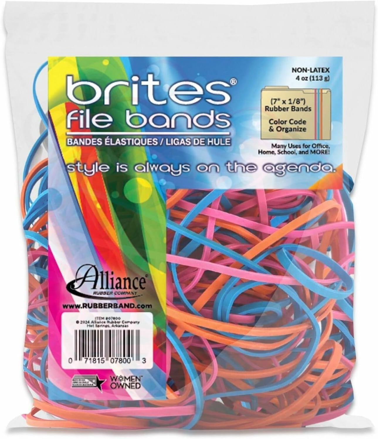 Alliance Rubber 07800 Non-Latex Brites File Bands, Colored Elastic Bands, 50 Count (Pack of 1) (7" X 1/8", Assorted Bright Colors in Resealable Bag),Blue/Orange/Pink