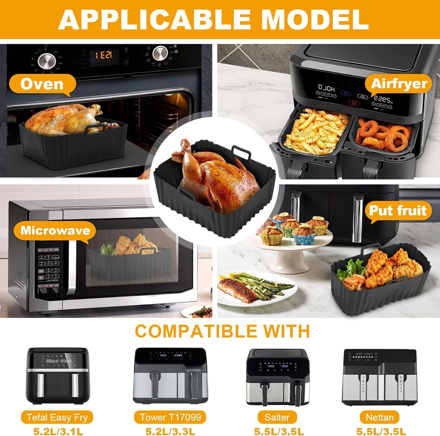 Akulife Air Fryer Liners Silicone Reusable for Tefal Easy Fry 5.2L/3.1L, Dual Air Fryer Inserts, Accessories for Lakeland 5L/3L, Tower T17099 5.2L/3.3L, Salter 5.5L/3.5L, Netta 5.5L/3.5L image number 3