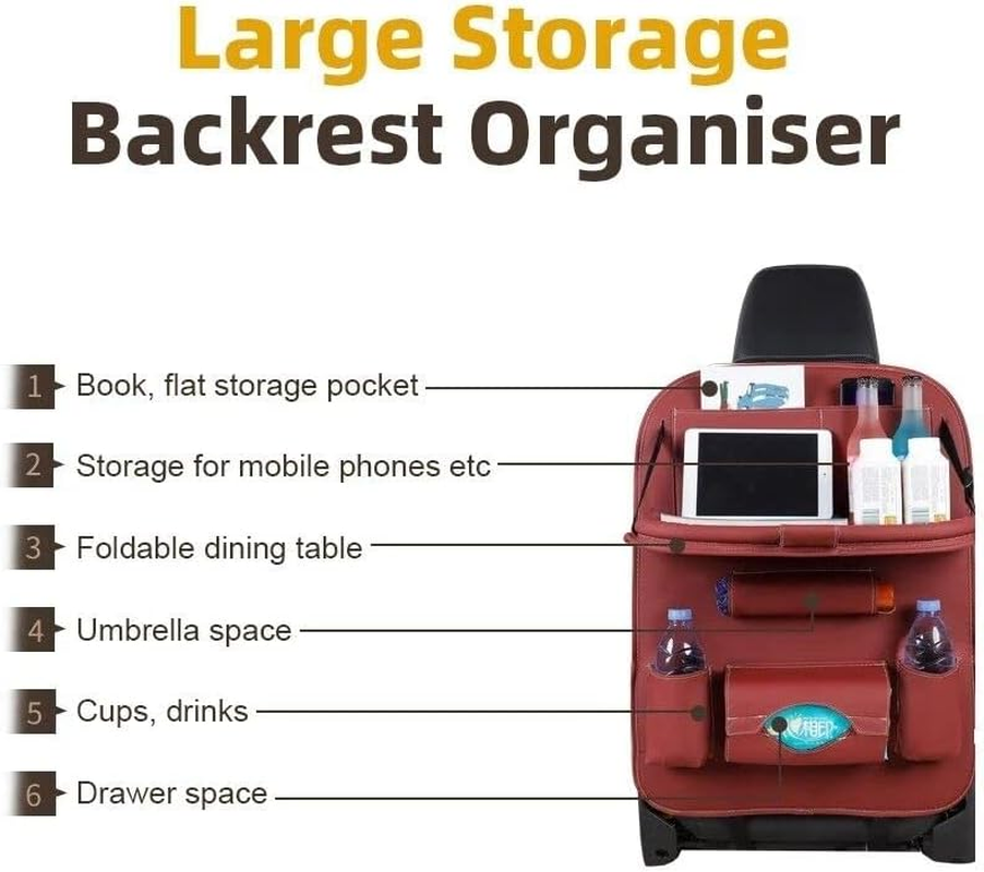 2X PU Leather Car Seat Back Organiser Storage Bag Foldable Table Tray Cup Holder (2X) - 1X image number 5