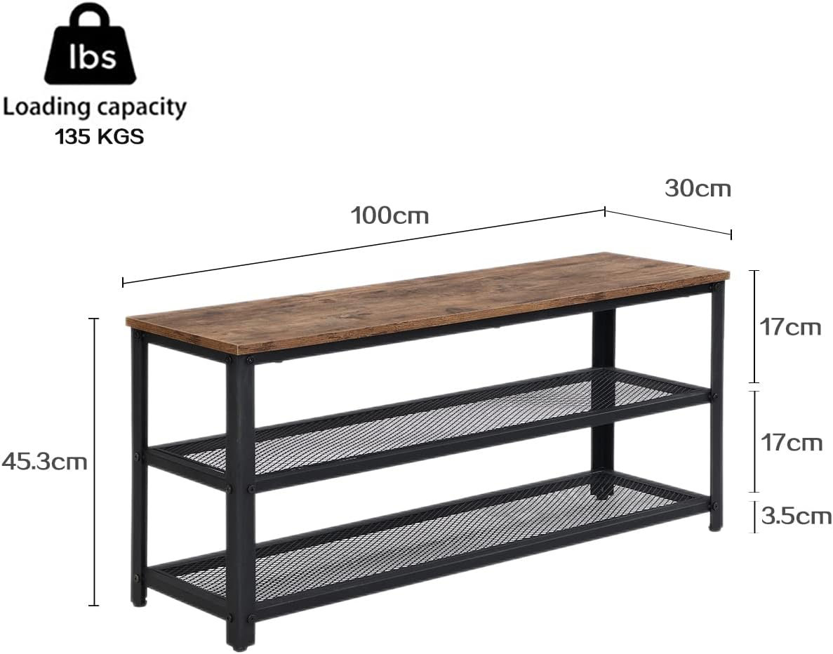 Shoe Bench, 3-Tier Shoe Rack with Storage Organizer Seat, Shelf Storage Bench with Metal Mesh Shelves, 100Cm Entry Bench for Entryway, Living Room, Hallway, Industrial Style, Rustic Brown image number 1