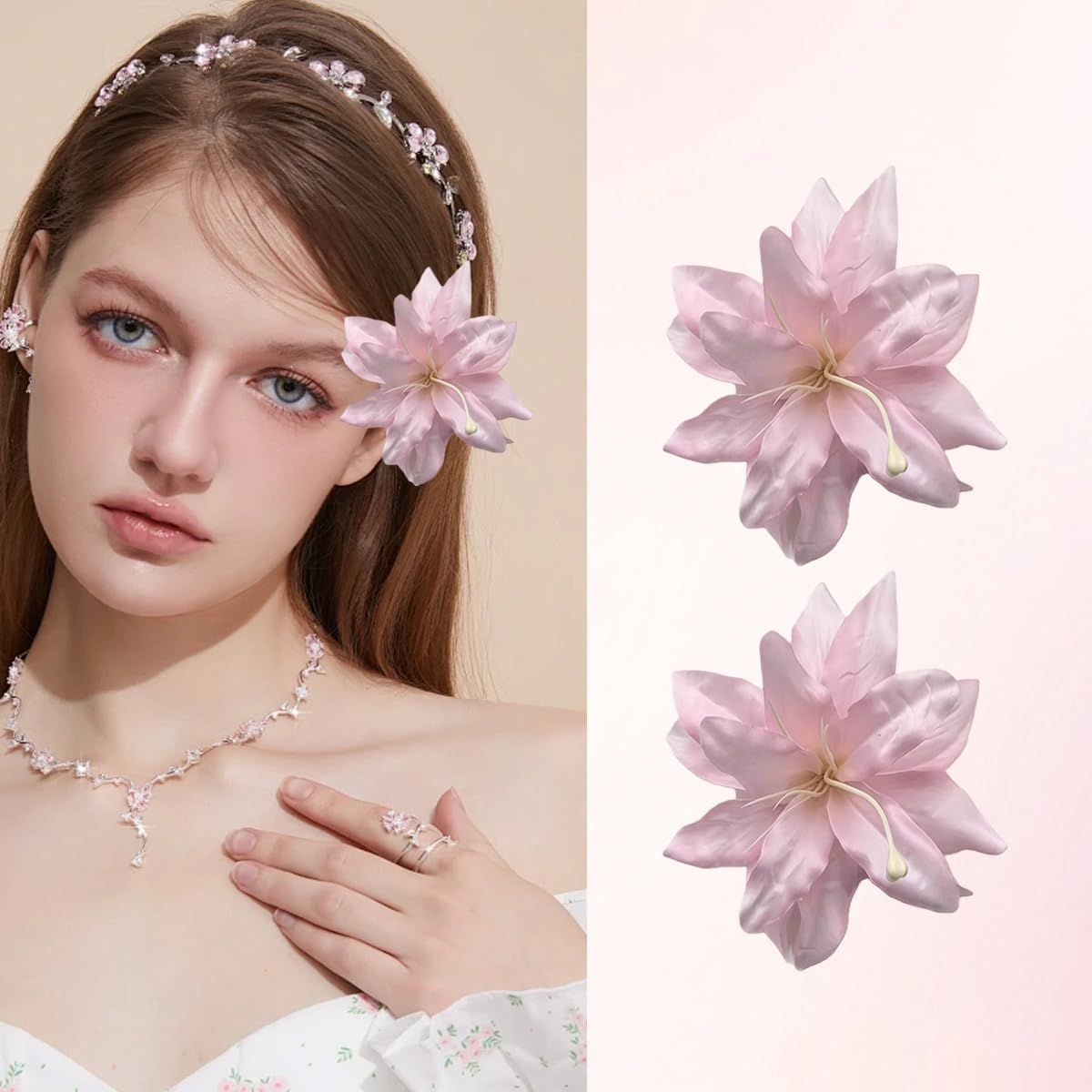 2Pcs Pink Artificial Lily Flower Hair Clips Floral Shaped Barrettes Flowers Hairpins Headdress Headwears Hair Accessories for Wedding Beach Party image number 4
