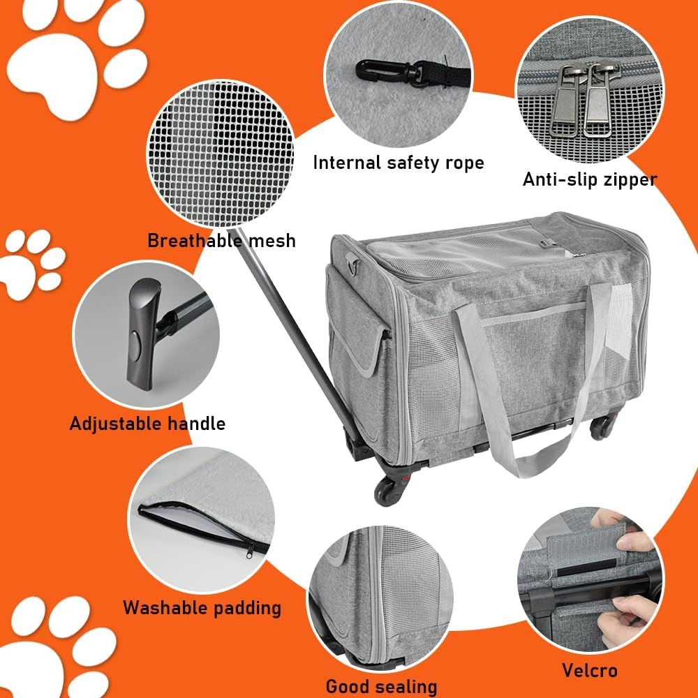 Pet Rolling Travel Carrier Pet Rolling Luggage Trolley Case for Pet up to 7.5Kg with Handle Four Wheels Shoulder Strap and Pet Cushion for Cat Dog Grey image number 6