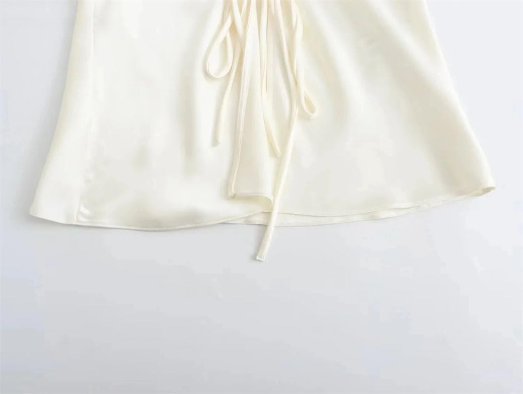 Women'S Satin Lapel Blouses Long Sleeve Bow Lace-Up Shirt Casual Slim V-Neck Tops Streetwear image number 6