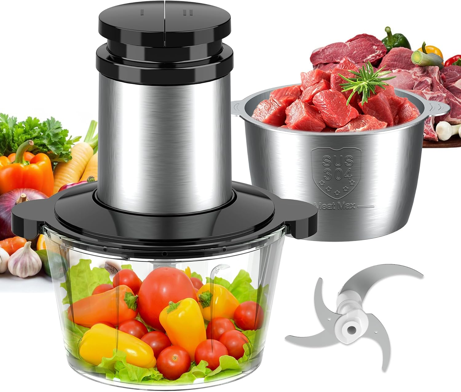 Becontrip Electric Kitchen Chopper [500W], Multi Chopper with 4 Stainless Steel Blades & 2L Double Bowl (Glass + Stainless Steel) - Food Processor for Baby Food, Meat, Vegetables, Onions (Copper Motor image number 5
