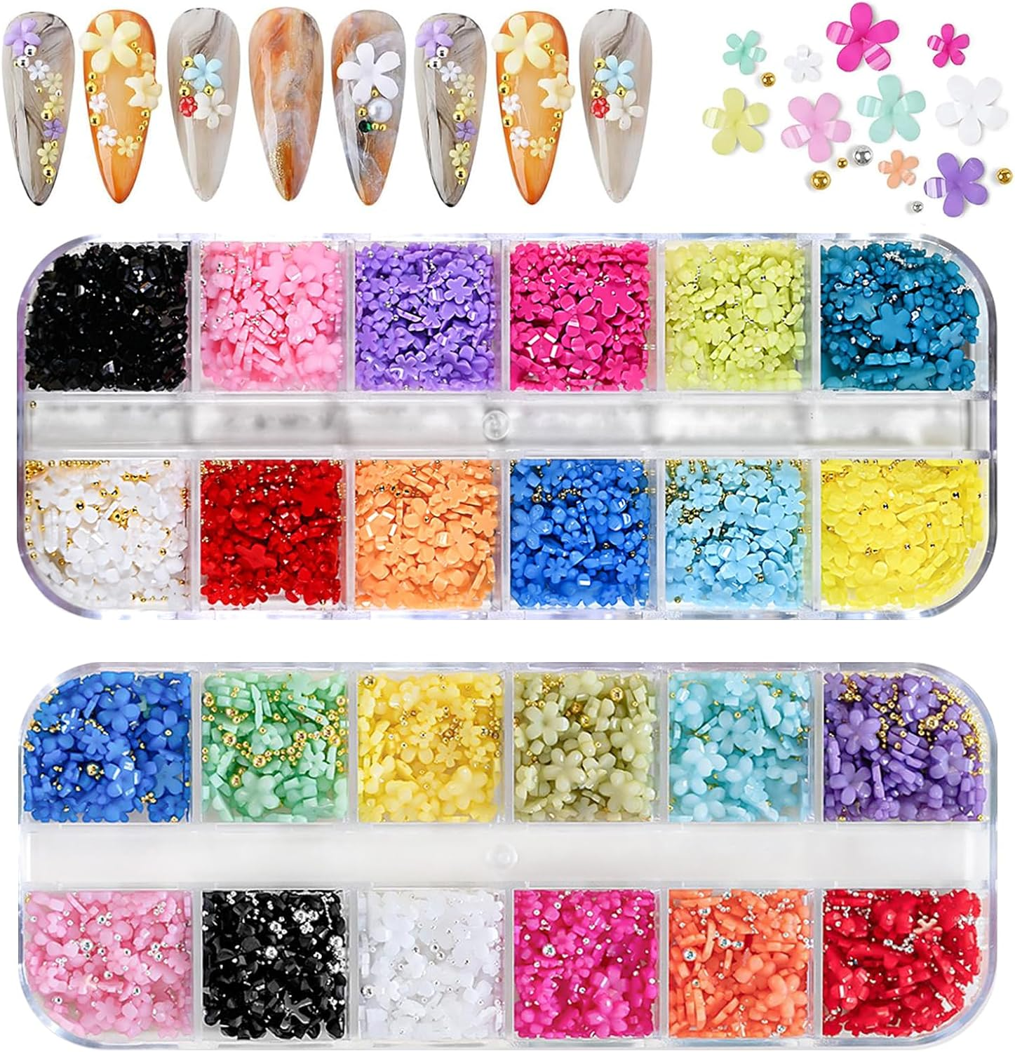 Gaivek 2 Pack 3D Flower Nail Art Charms Set, 12 Grids Spring Blossom Nail Decorations with Gold and Silver Beads, 5-Petal Floral Nails Accessories for DIY Manicure Design image number 2
