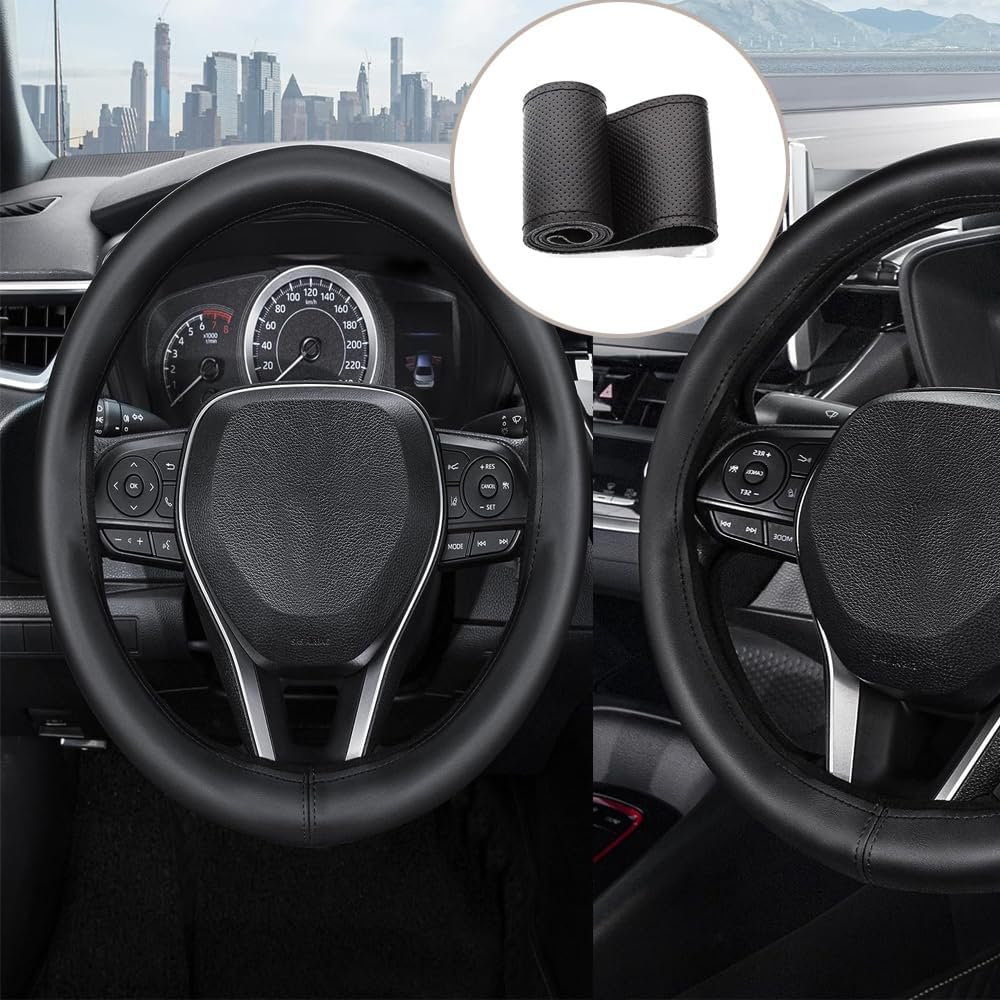 Voarge Microfibre Leather Steering Wheel Cover DIY Steering Wheel Covers Car Steering Wheel Cover with Needle and Thread Interior Accessories Black