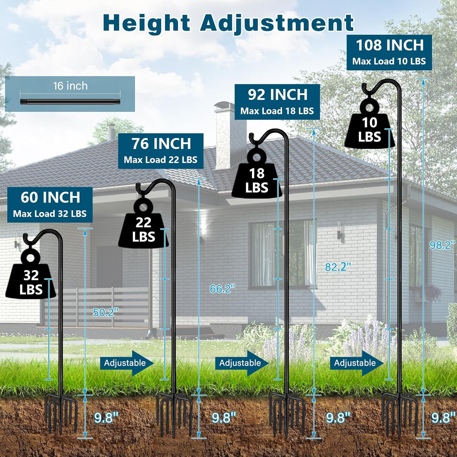 Gtongoko Adjustable Shepherds Hooks for Outdoor 76 Inch Bird Feeder Pole with 7 Prongs Base, 3/4 Inch Thick Heavy Duty for Hanging Bird Feeder, Plant Baskets,1 Pack image number 3