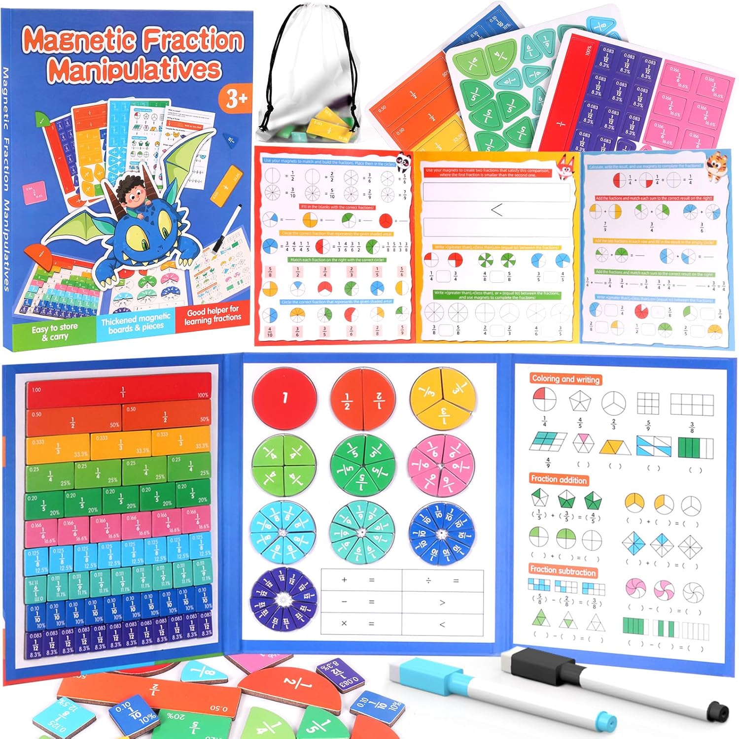 Magnetic Fraction Educational Puzzle, 110 Pcs Magnetic Fraction Puzzle for Kids, Math Manipulatives for Elementary School, Montessori Fraction Manipulatives Learning Toys for Kids