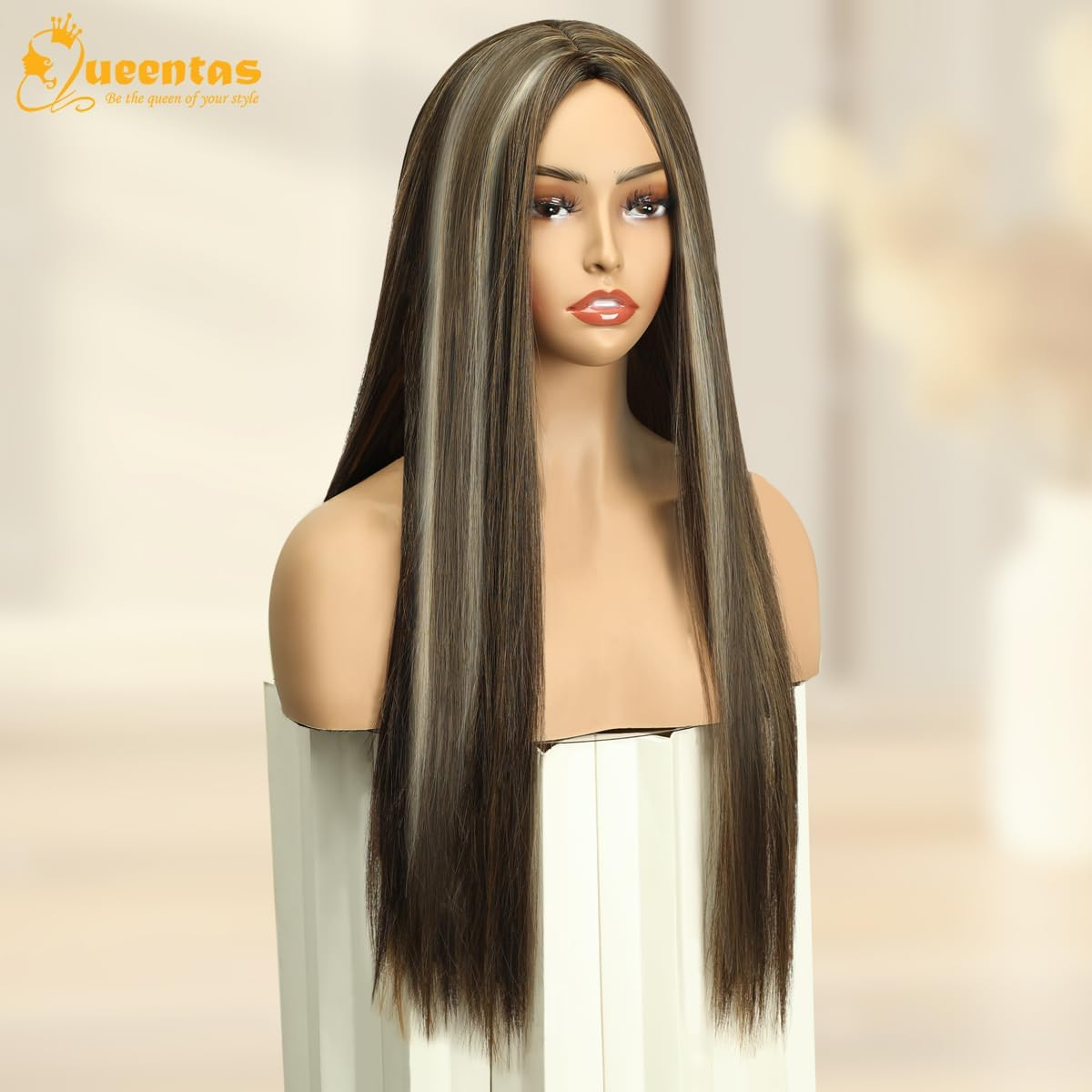 BECUS 24 Inch Long Golden Brown Wigs for Women Highlight Balayage Synthetic Straight Hair Wig for Daily Wear or Cosplay image number 4