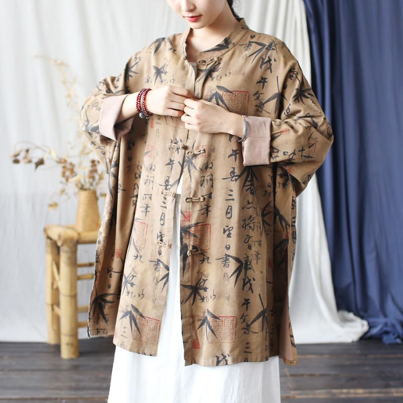 Vintage Ethnic Distressed Mandarin-Collar Frog-Button Jacket Women'S Loose Fit Long-Sleeve Outerwear Coffee image number 5