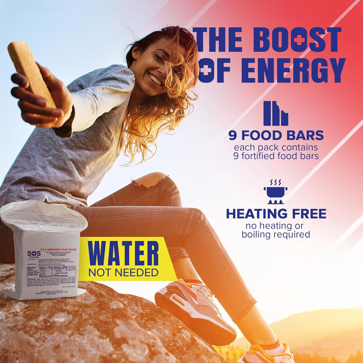 SOS Food Labs, Inc. 185000825 S.O.S. Rations Emergency 3600 Calorie Food Bar - 3 Day/ 72 Hour Package with 5 Year Shelf Life, 5" Height, 2" Wide, 4.5" Length image number 3