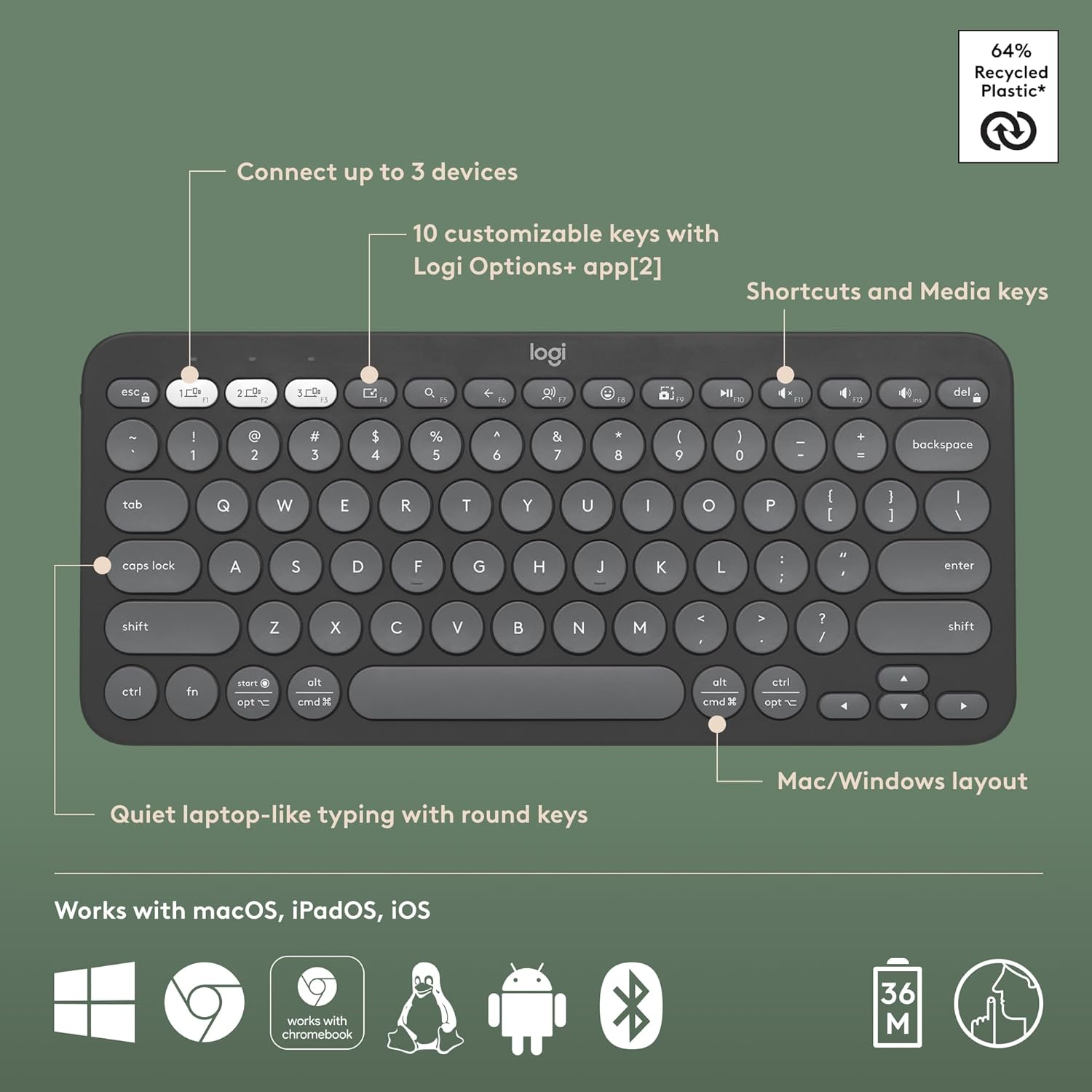 Logitech Pebble Keys 2 K380S, Multi-Device Bluetooth Wireless Keyboard with Customisable Shortcuts, Slim and Portable, Easy-Switch for Windows, Macos, Ipados, Android, Chrome OS - Tonal Graphite - Tonal Off-White image number 2