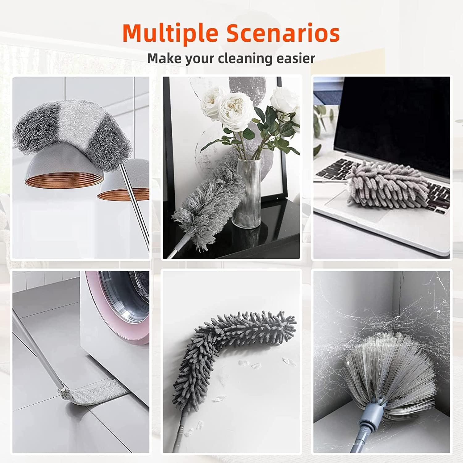 HOXHA 7 Pcs Feather Duster Set with 4 Brush Head 2.5 Meters' Extra Long Extension Pole, Bendable Extendable Duster for Cleaning High Ceiling, Ceiling Fan, Blinds, Cobwebs, Furniture, Cars image number 2