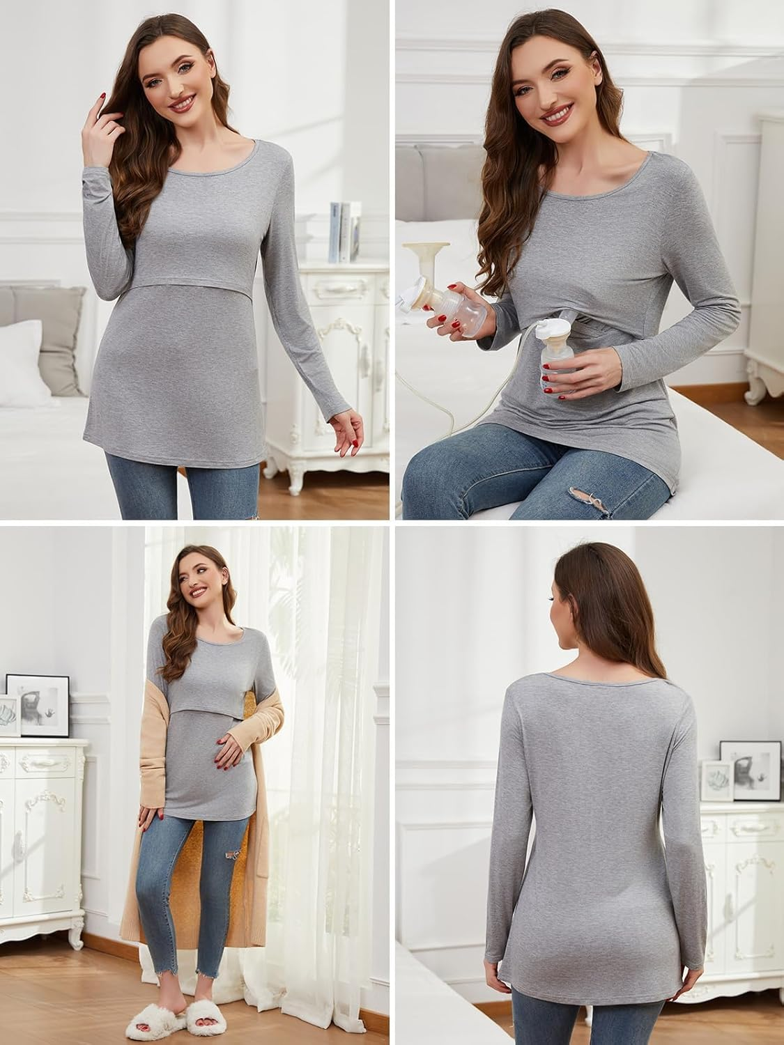 Liu & Qu 4-Pack Womens Nursing Tops Long Sleeve Breastfeeding Shirts Double Layer Fall Maternity Clothes image number 2