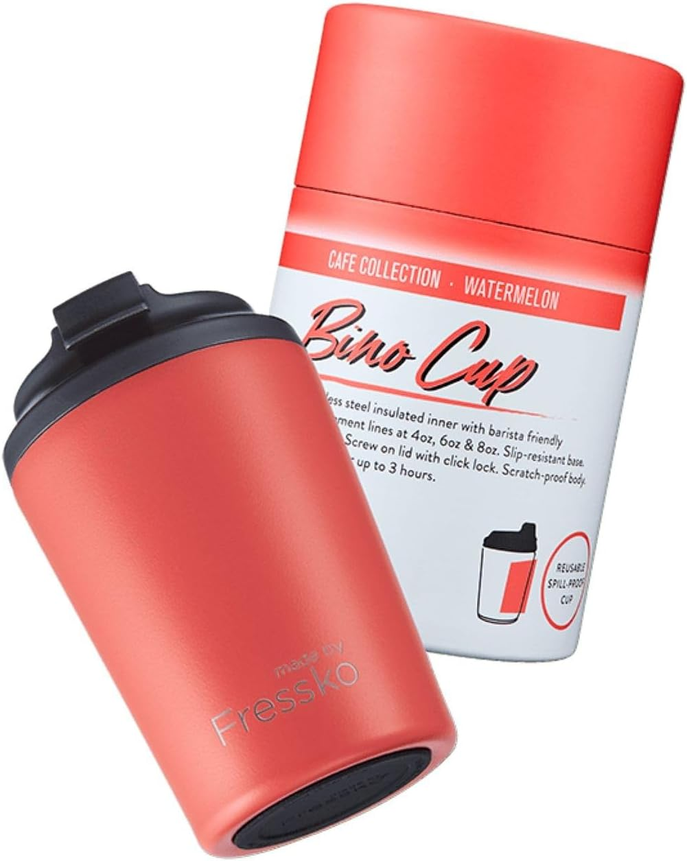 Made by Fressko Reusable Coffee Cup - Stainless Steel Insulated Mug - Leak Proof Travel Cup for Hot/Cold Drinks - 3 Hr Heat Retention - Fits Car Holders & Coffee Machines - Watermelon - 8Oz 227Ml image number 4