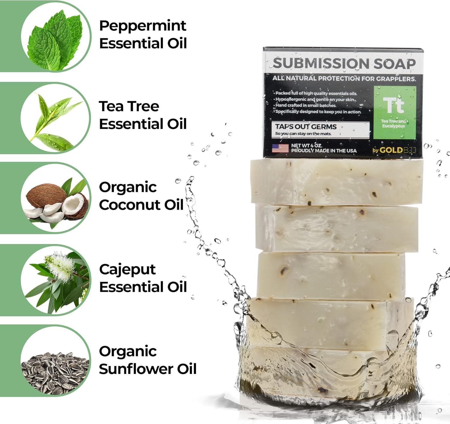 Antifungal Tea Tree Oil Soap - 100% All Natural USA Made Bars for BJJ Jiu Jitsu Wrestling and Grappling - Combats Ringworm Jock Itch Athlete'S Foot Acne and More (5-Pack of 4 Ounce Soap Bars) image number 5