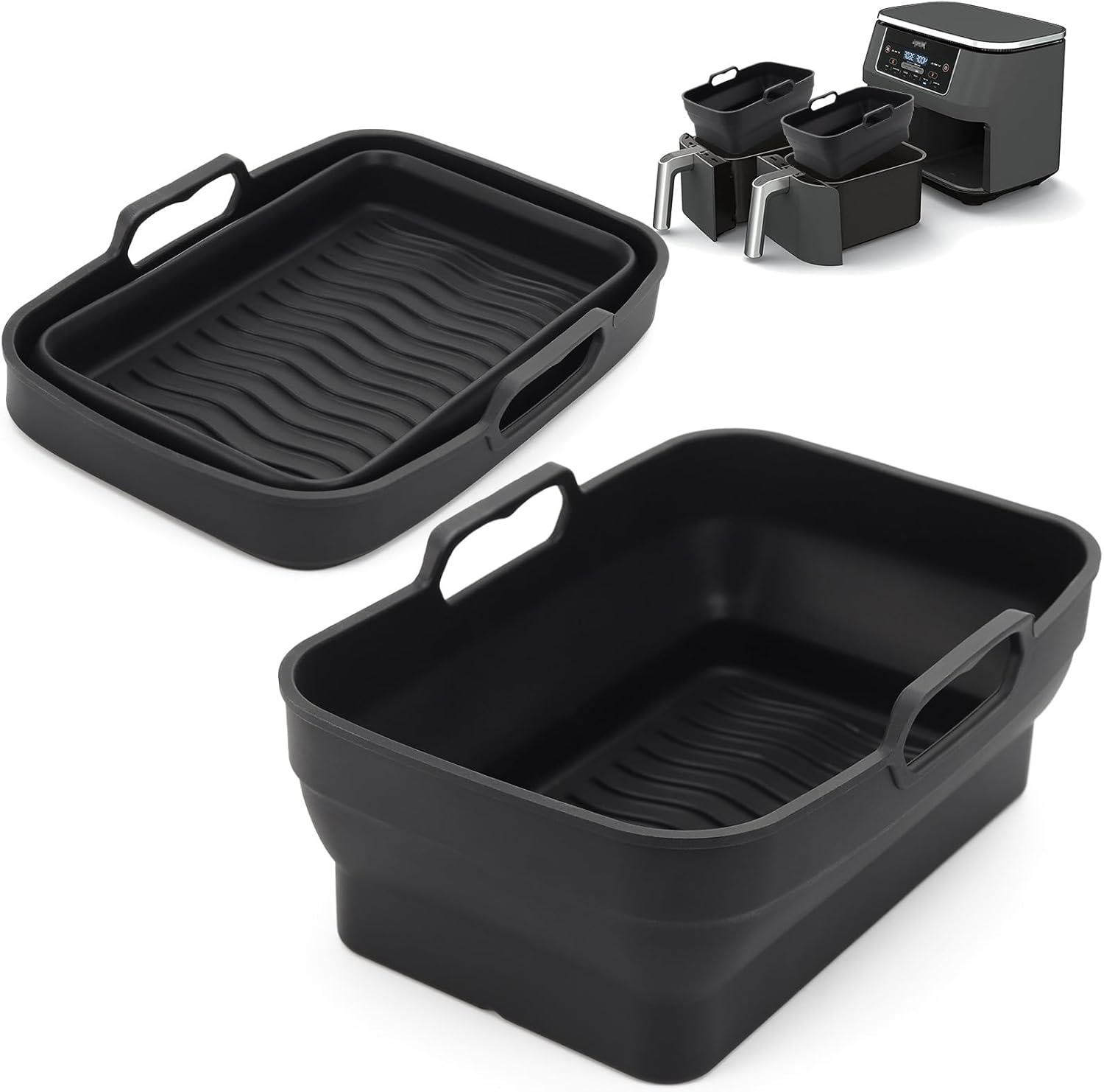 Ninja Dual Air Fryer Silicone Liners 2 Pack - Reusable Replacement Basket Bowl, Collapsible Baking Tray for Oven Microwave Accessories (Black)
