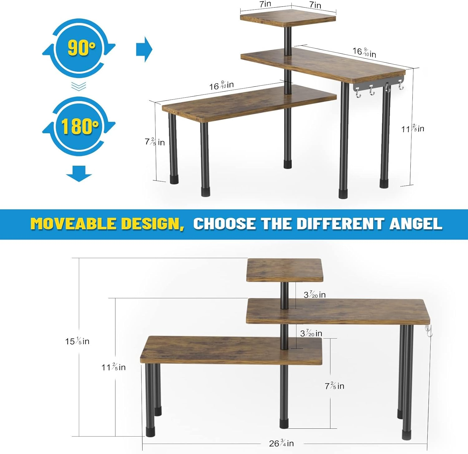 Countertop Organizer Organization, 3 Tier Moveable Corner Shelf Organizer for Kitchen, Bathroom, Spice Rack, Coffee Area, over Sink, Dresser Table (Rustic Brown-1 Set) image number 3