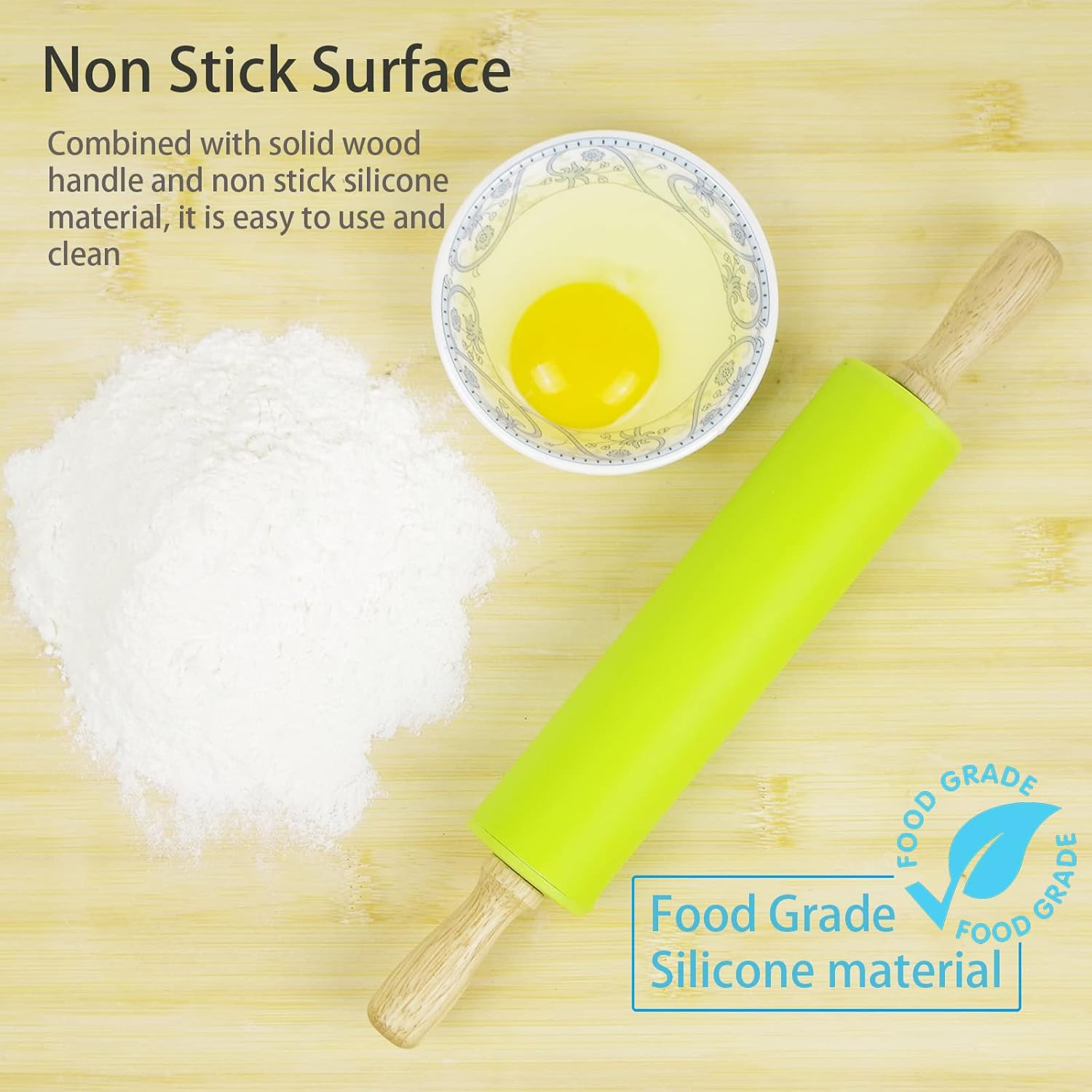 Silicone Rolling Pin Non-Stick Surface Wooden Handle image number 4