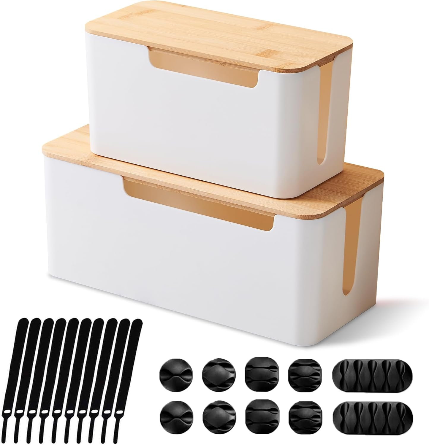 [Set of 2] Wood Cover Cable Management Box Set, Wire Ties Included to Organize Desk Cord Cables, Hide TV Computer Wires, Power Strips, USB Hub to Make Your Home, Office Neat and Clean (White)
